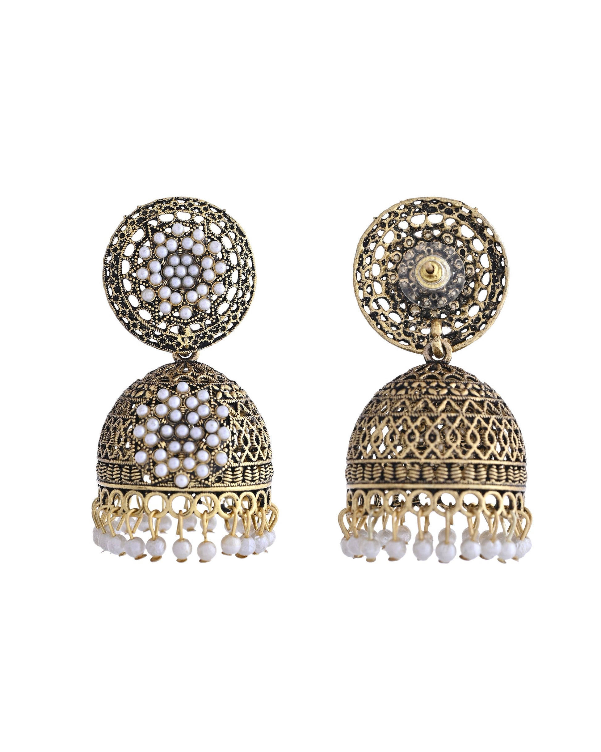 VOJ Gold Toned Stone Studded Done Shaped With Pearl Jhumka Earrings VOJ (Valley Of Jewellery)