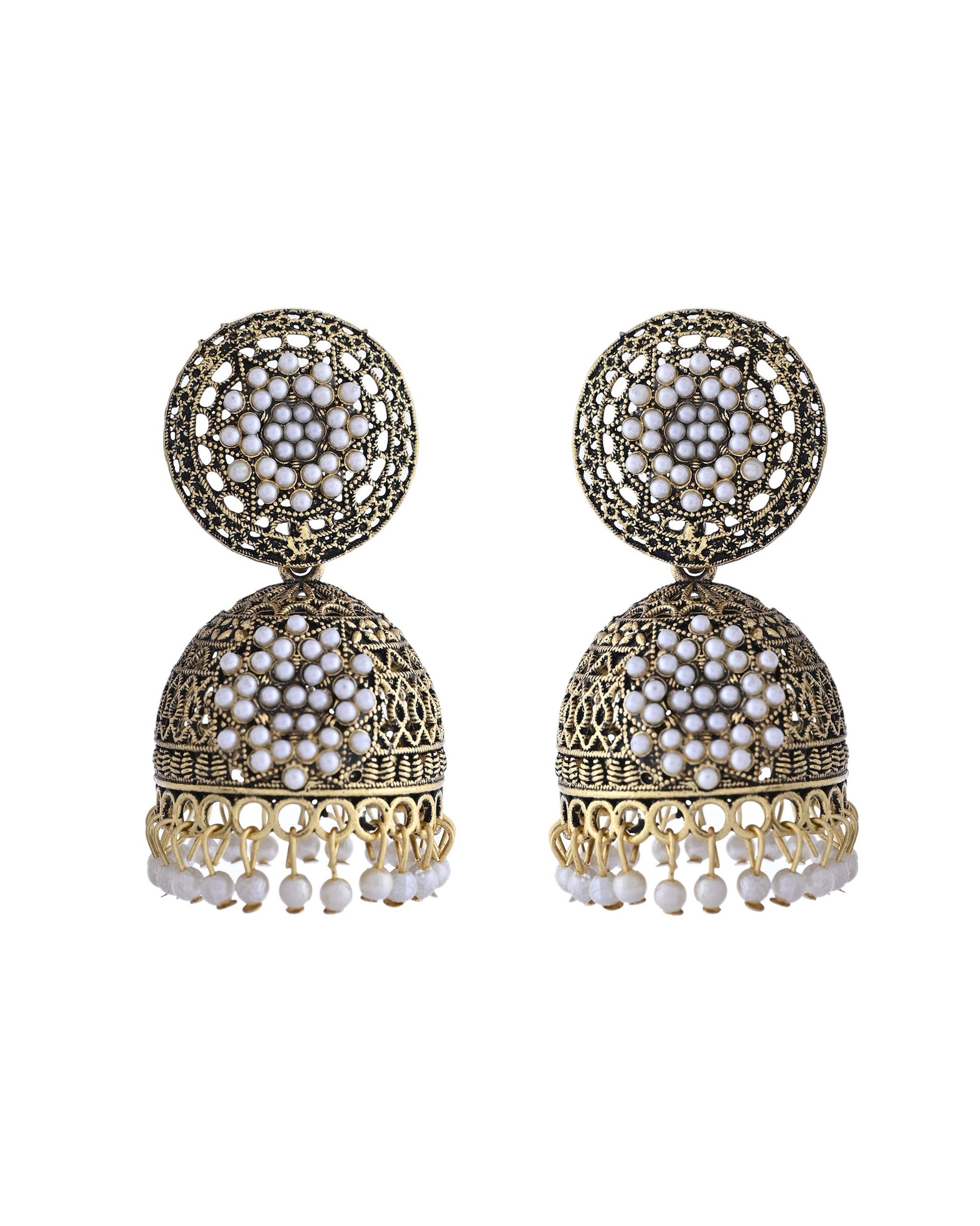 VOJ Gold Toned Stone Studded Done Shaped With Pearl Jhumka Earrings VOJ (Valley Of Jewellery)