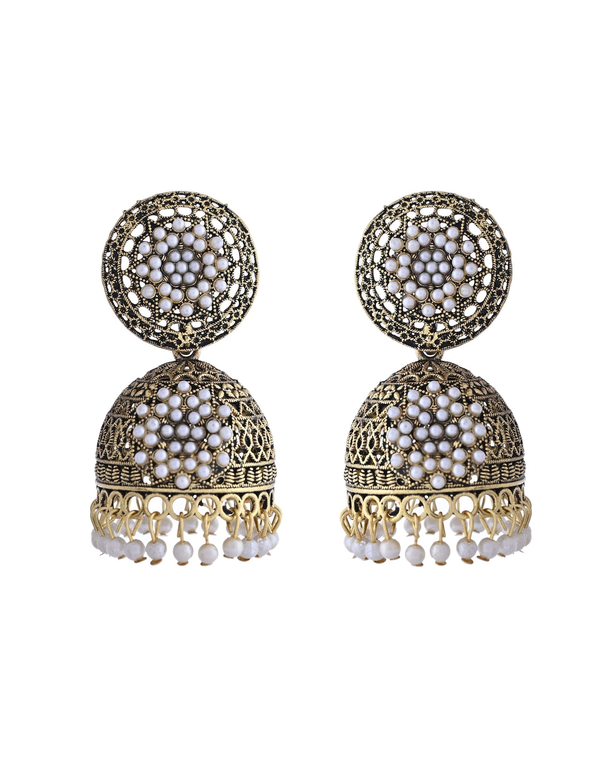 VOJ Gold Toned Stone Studded Done Shaped With Pearl Jhumka Earrings - Swadesiicart