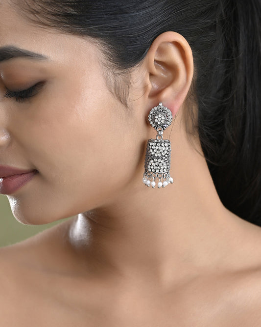 VOJ Silver Toned Stone Studded Jhumka Earrings VOJ (Valley Of Jewellery)