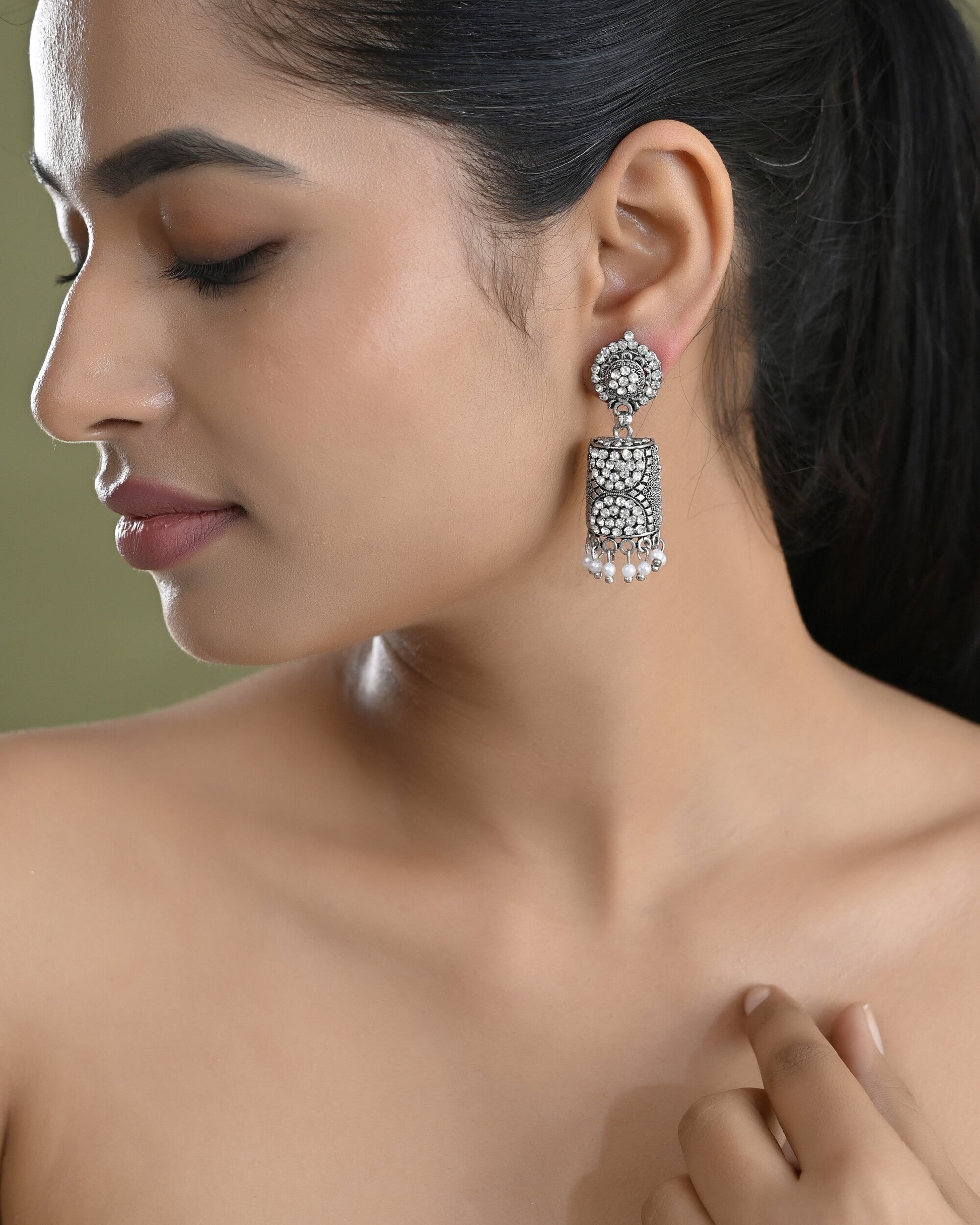VOJ Silver Toned Stone Studded Jhumka Earrings VOJ (Valley Of Jewellery)