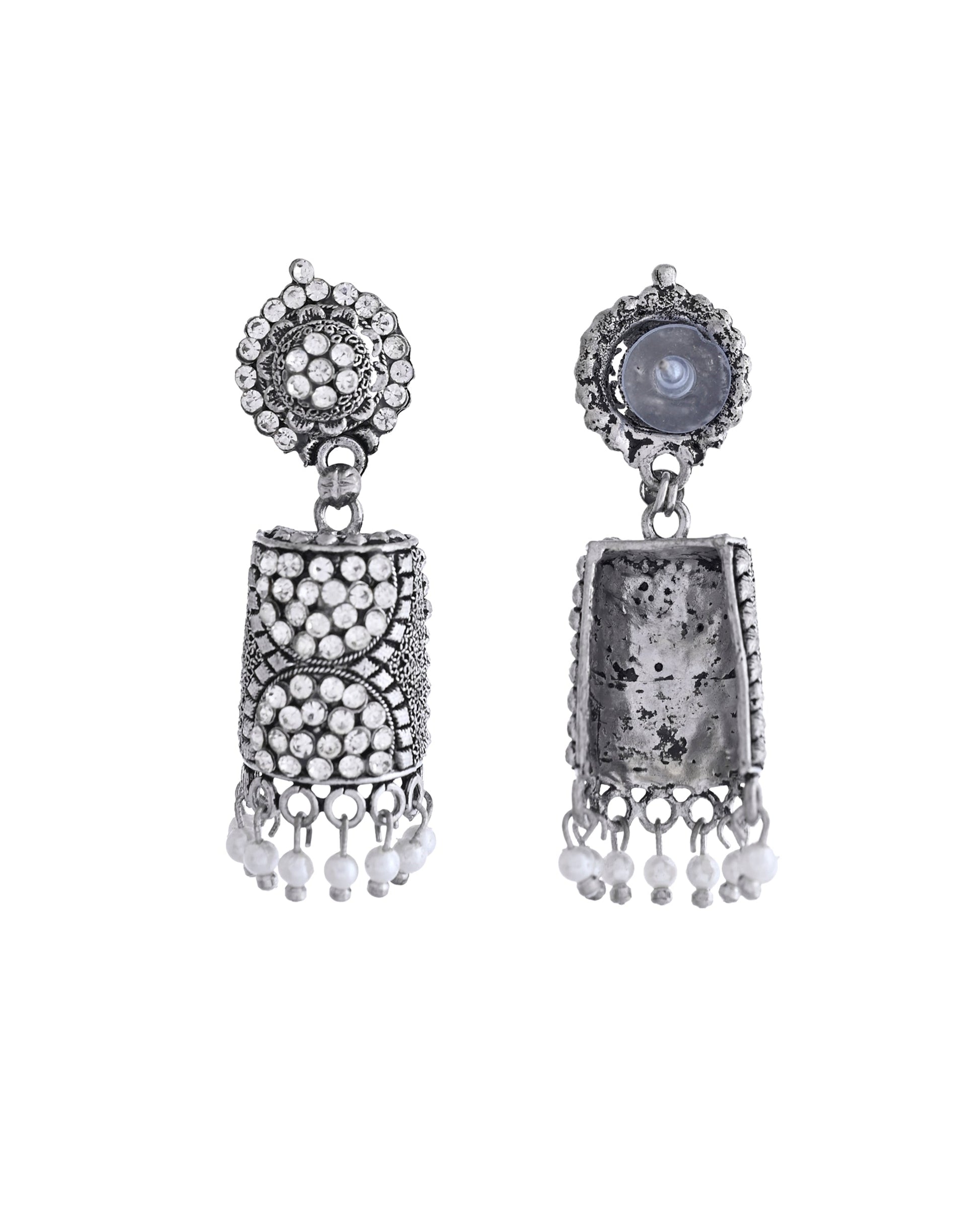 VOJ Silver Toned Stone Studded Jhumka Earrings VOJ (Valley Of Jewellery)