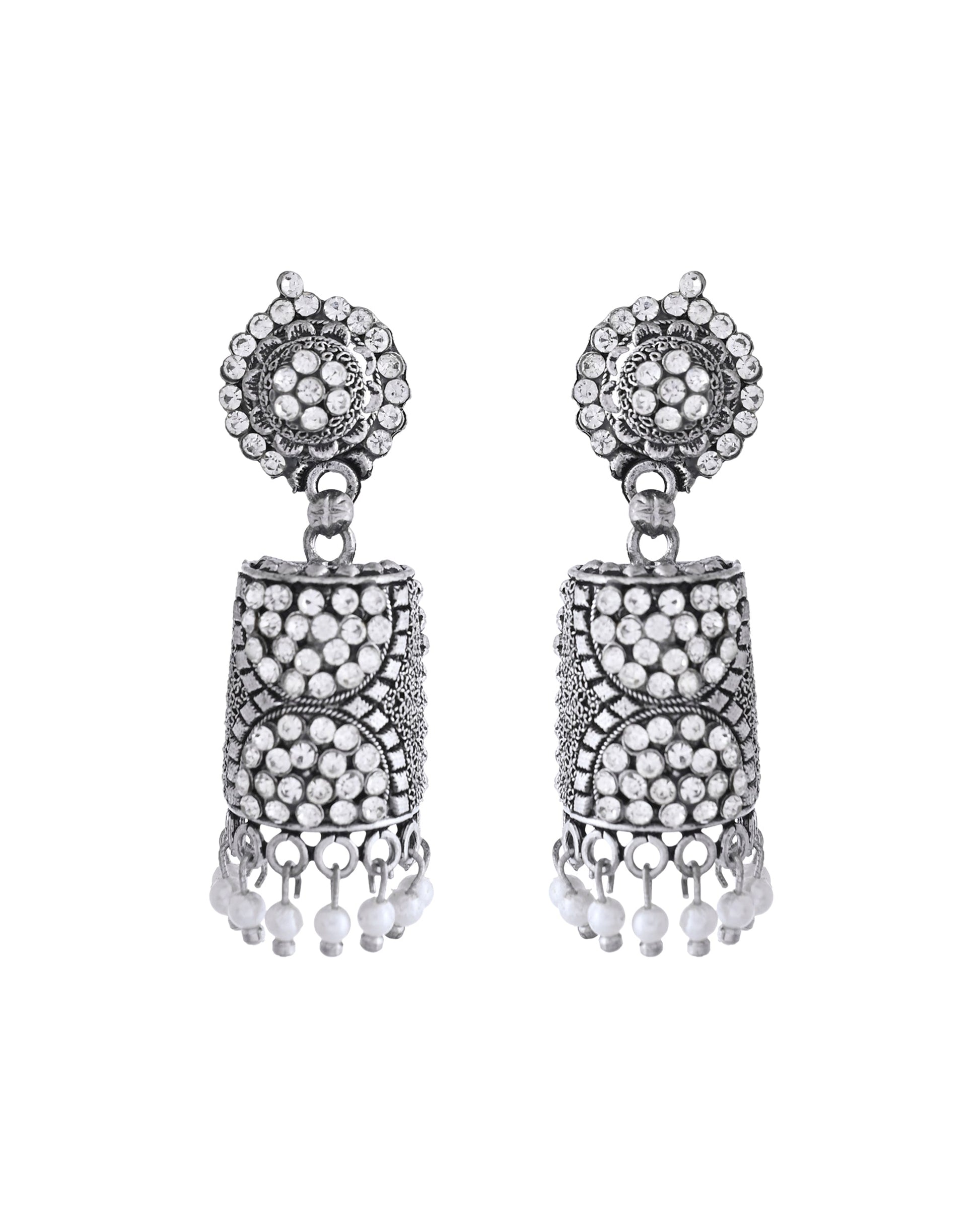 VOJ Silver Toned Stone Studded Jhumka Earrings VOJ (Valley Of Jewellery)