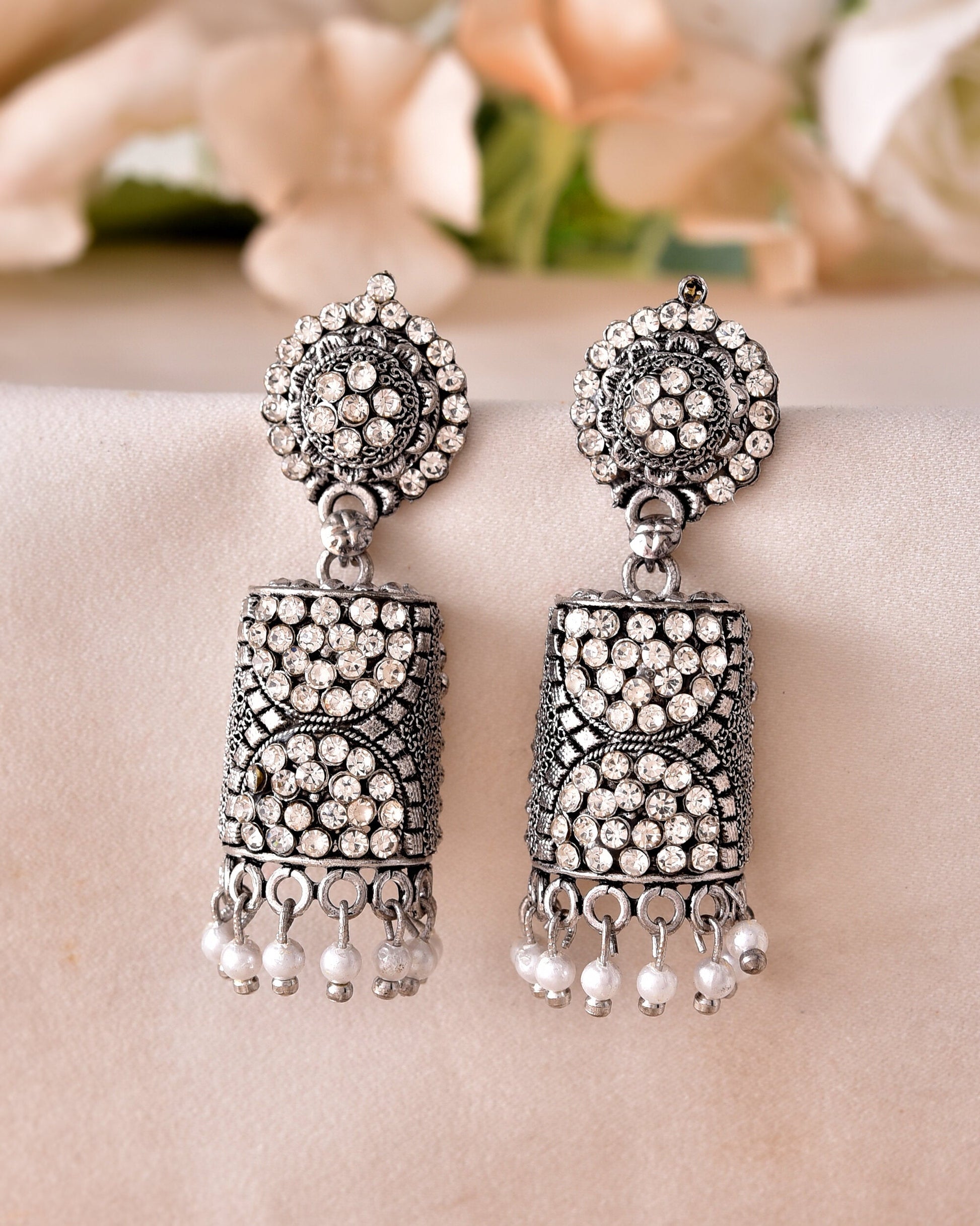 VOJ Silver Toned Stone Studded Jhumka Earrings VOJ (Valley Of Jewellery)