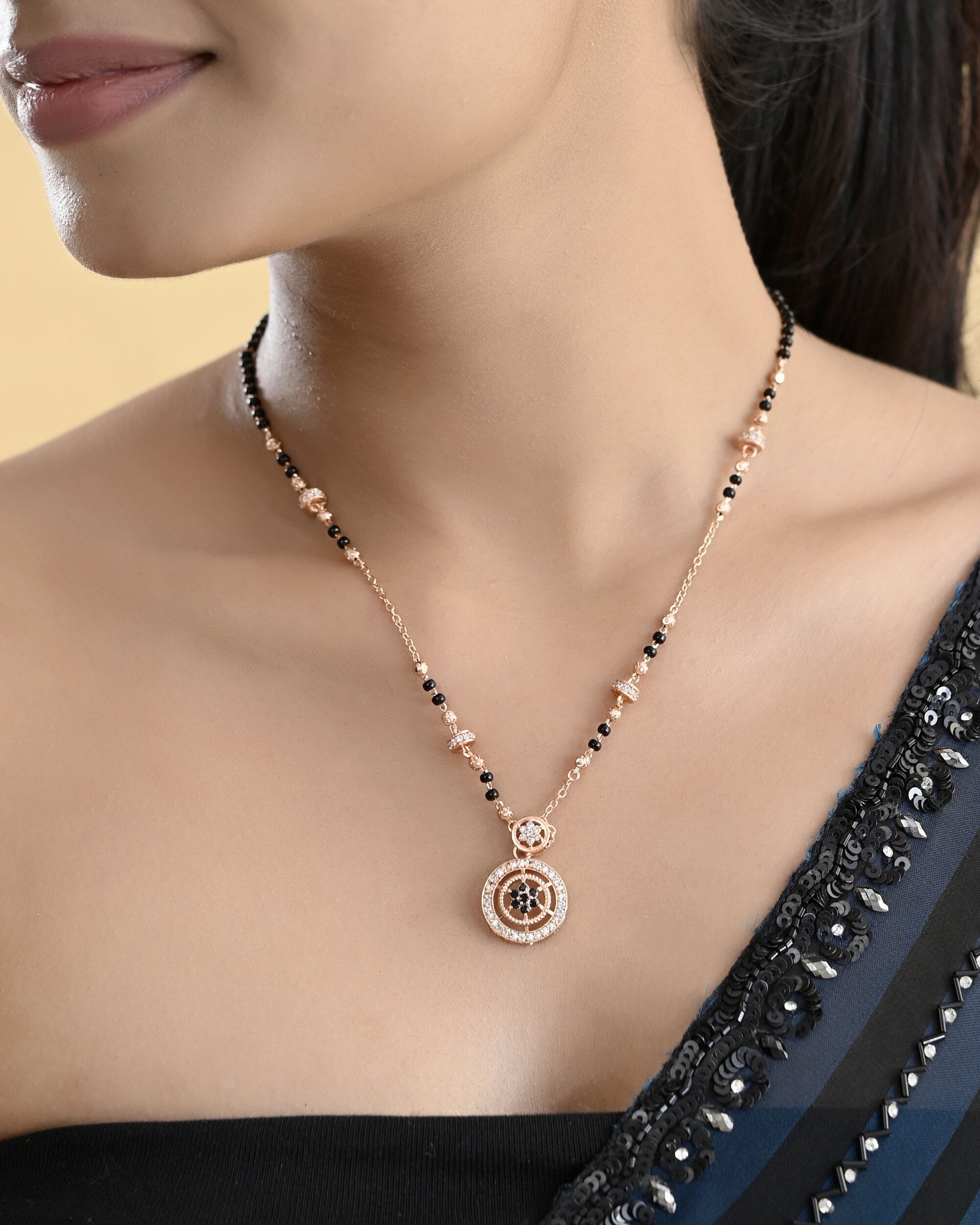 VOJ Rose Gold-Polished Stone Studded Circular Mangalsutra 