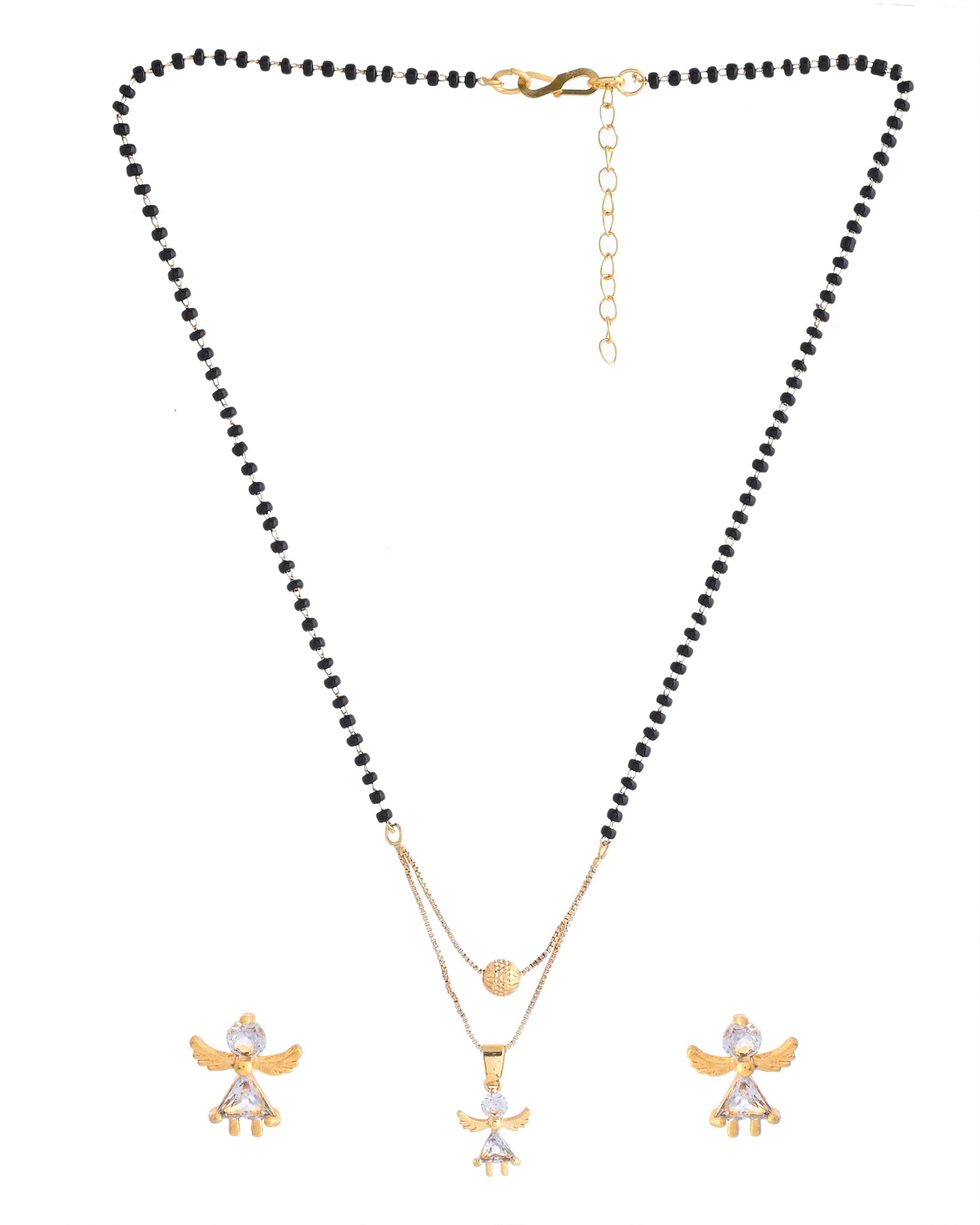 VOJ Gold-Polished Doll Shapped Stone Studded Mangalsutra With Earrings Set 