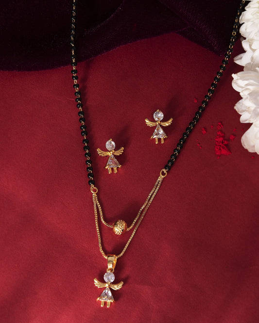 VOJ Gold-Polished Doll Shapped Stone Studded Mangalsutra With Earrings Set 