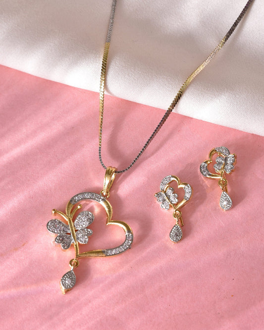 VOJ Dual Tone AD Stone Studded Butterfly Shaped Chain Set With Pandent 