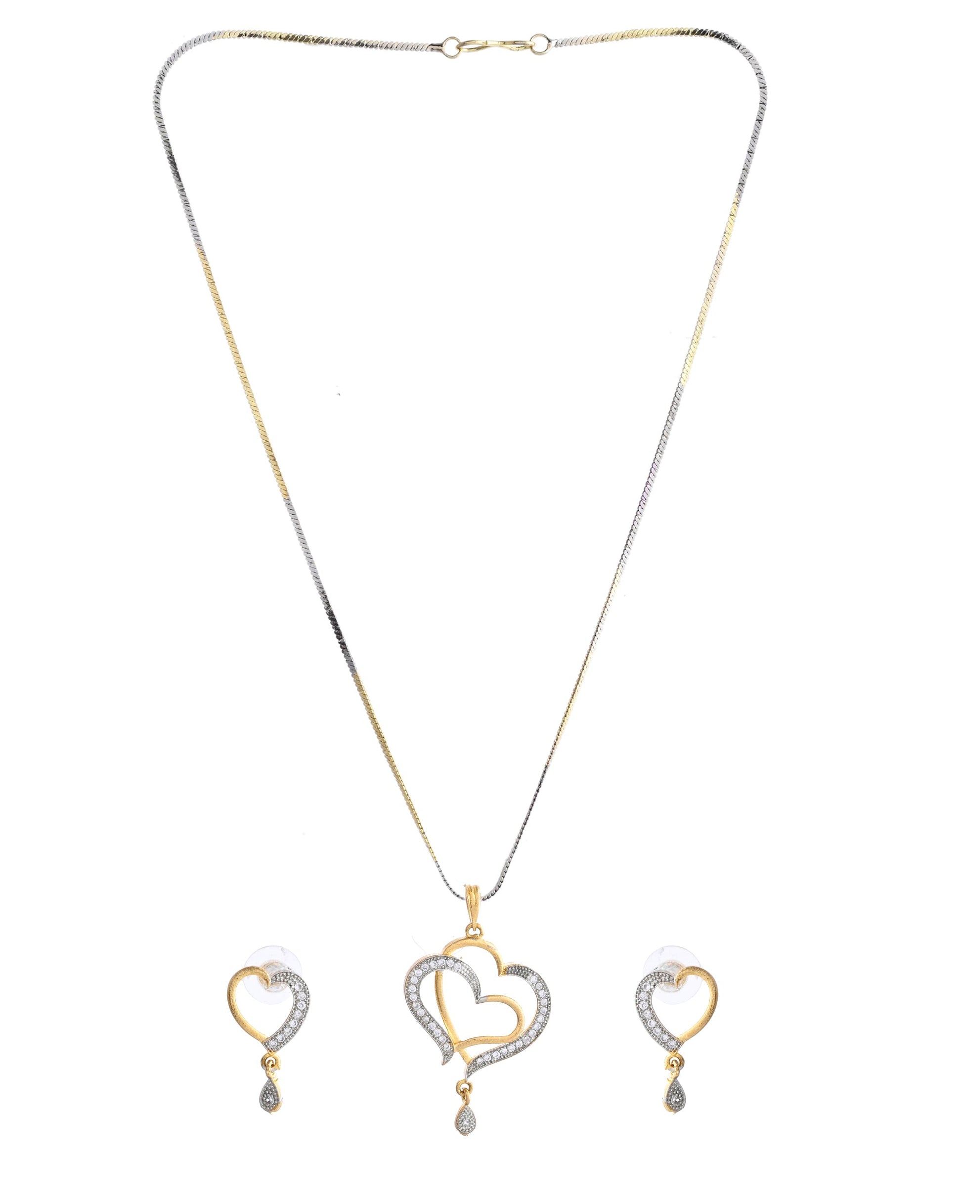 VOJ Dual Tone AD Stone Studded Heart Shaped Chain Set With Pendant 