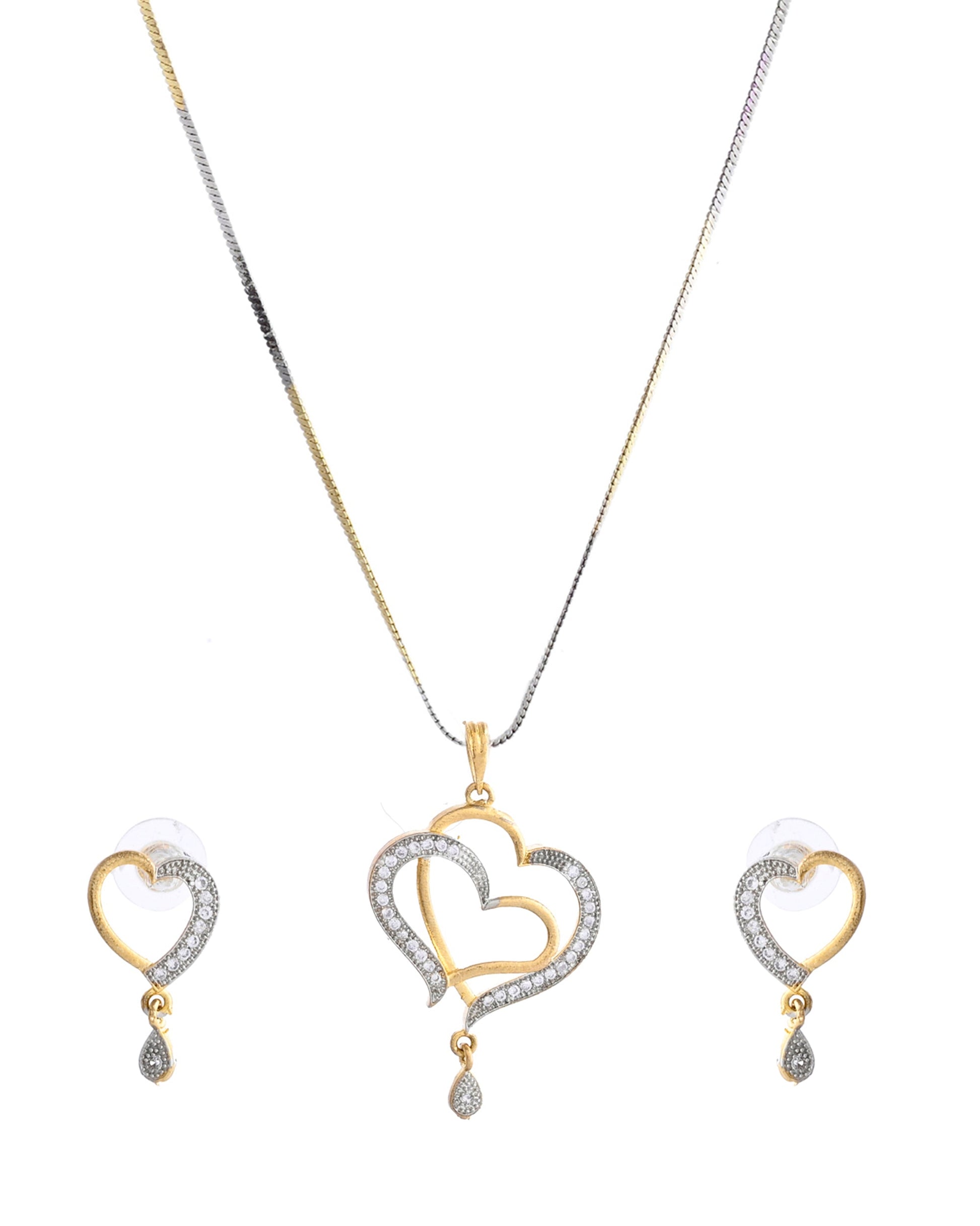 VOJ Dual Tone AD Stone Studded Heart Shaped Chain Set With Pendant 