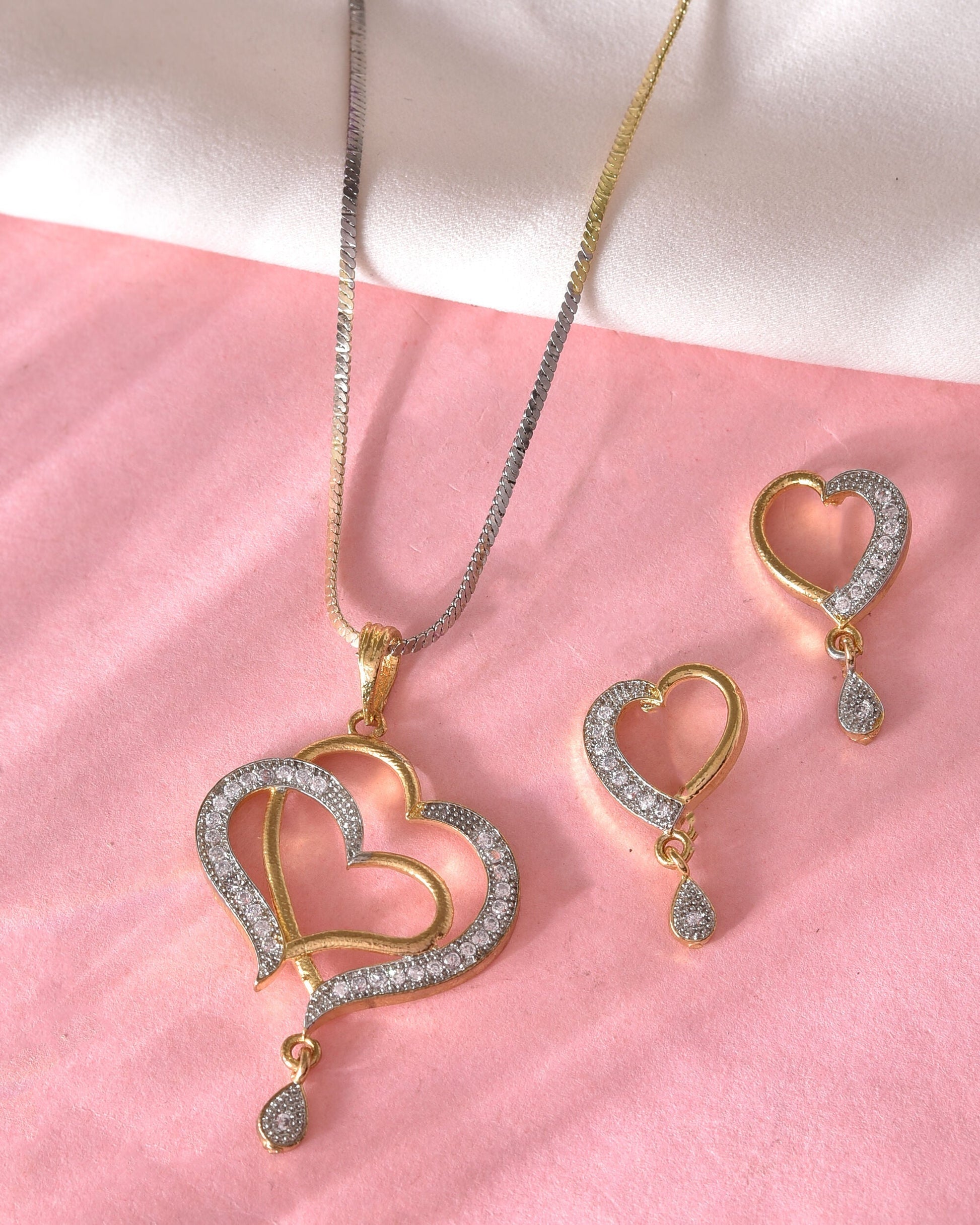 VOJ Dual Tone AD Stone Studded Heart Shaped Chain Set With Pendant 