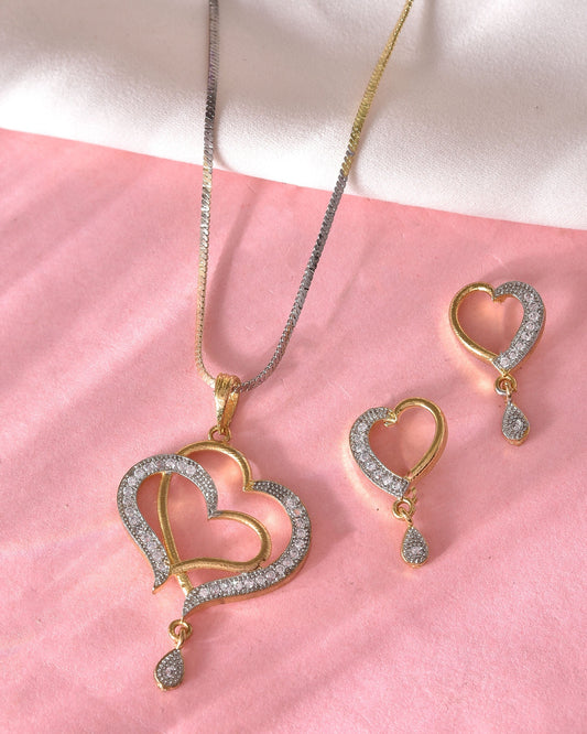 VOJ Dual Tone AD Stone Studded Heart Shaped Chain Set With Pendant 