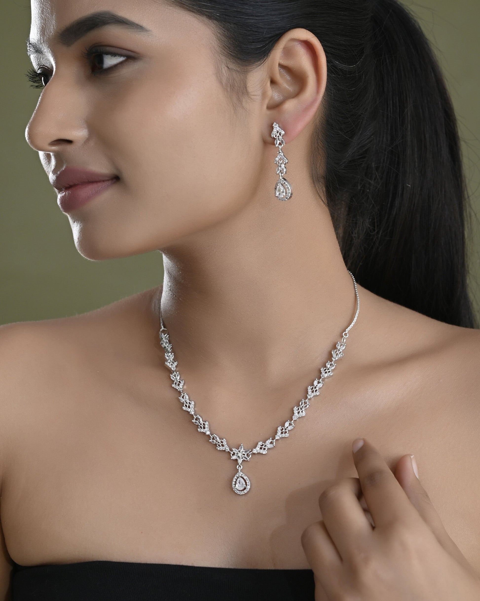 VOJ Silver Plated Elegent Designer AD Jewellery Set VOJ (Valley Of Jewellery)