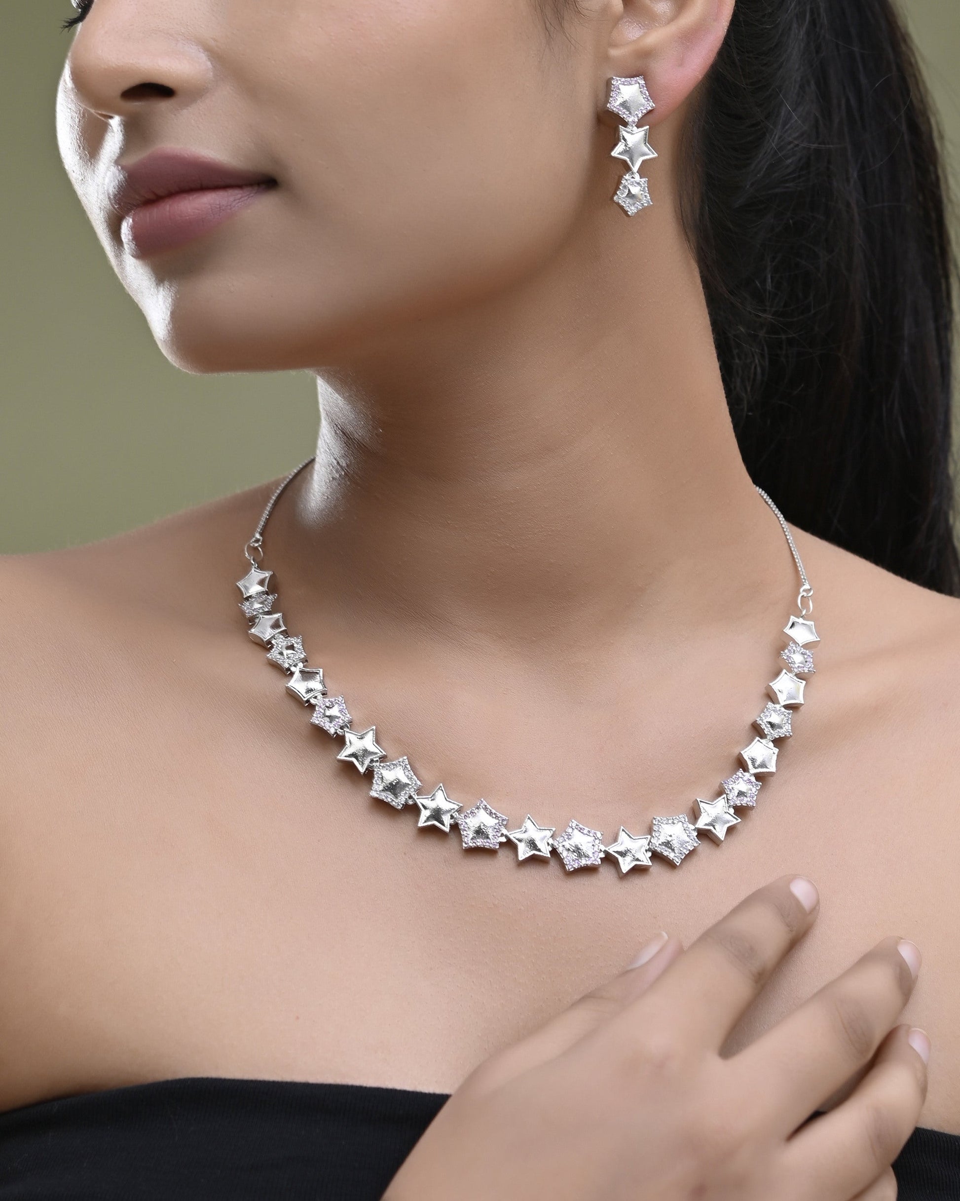 VOJ Silver Plated Star Shaped Necklace With Earrings Set VOJ (Valley Of Jewellery)