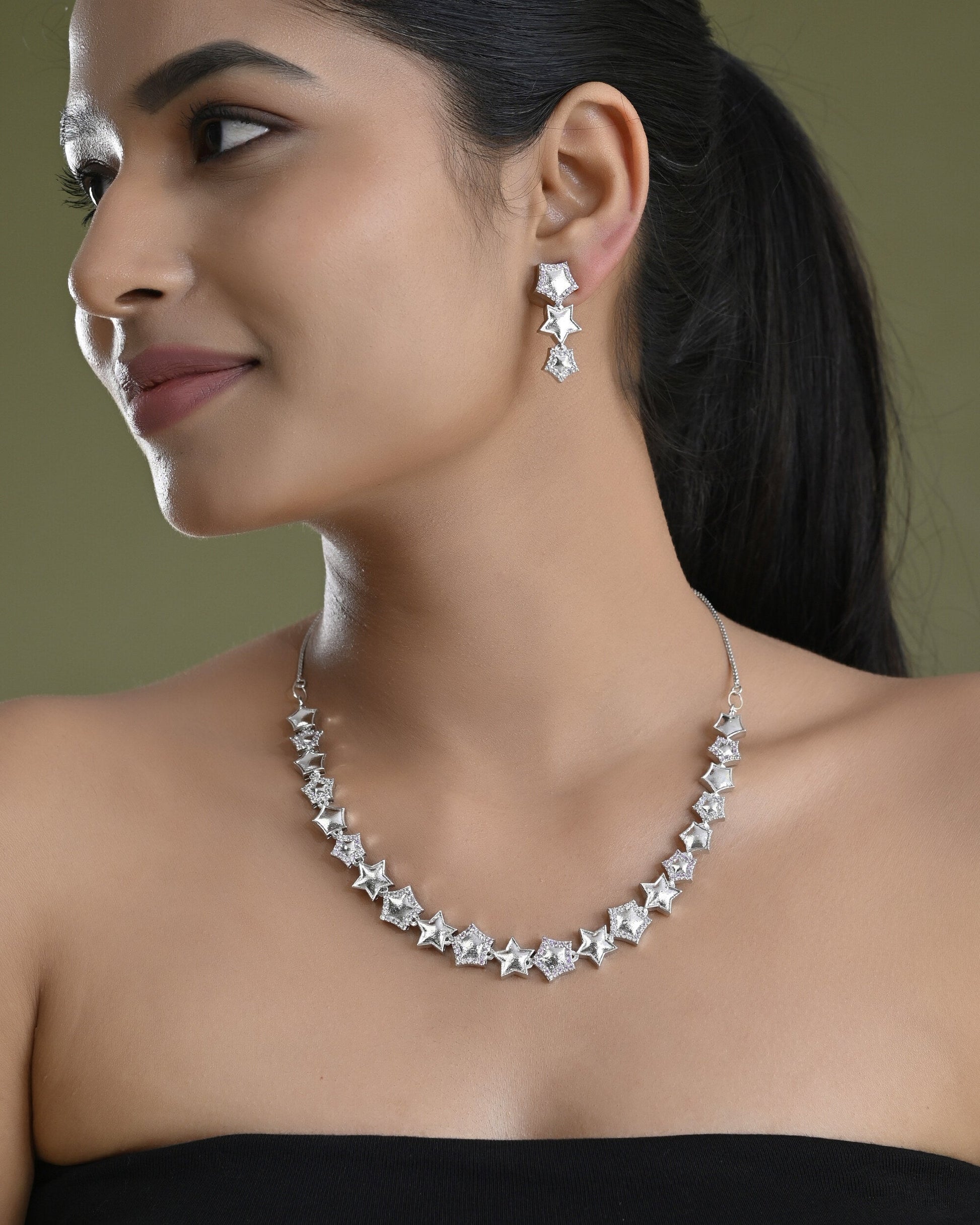 VOJ Silver Plated Star Shaped Necklace With Earrings Set VOJ (Valley Of Jewellery)