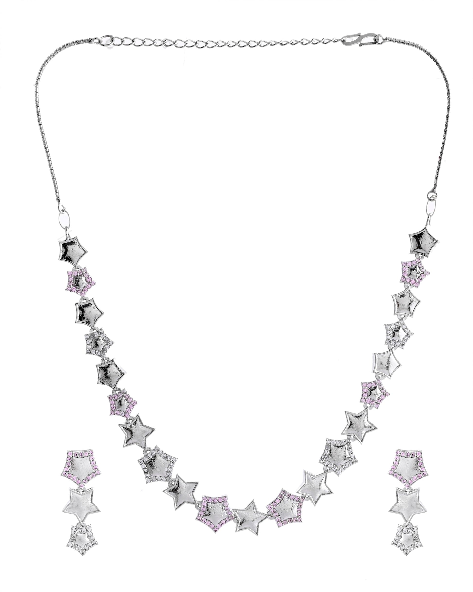 VOJ Silver Plated Star Shaped Necklace With Earrings Set VOJ (Valley Of Jewellery)