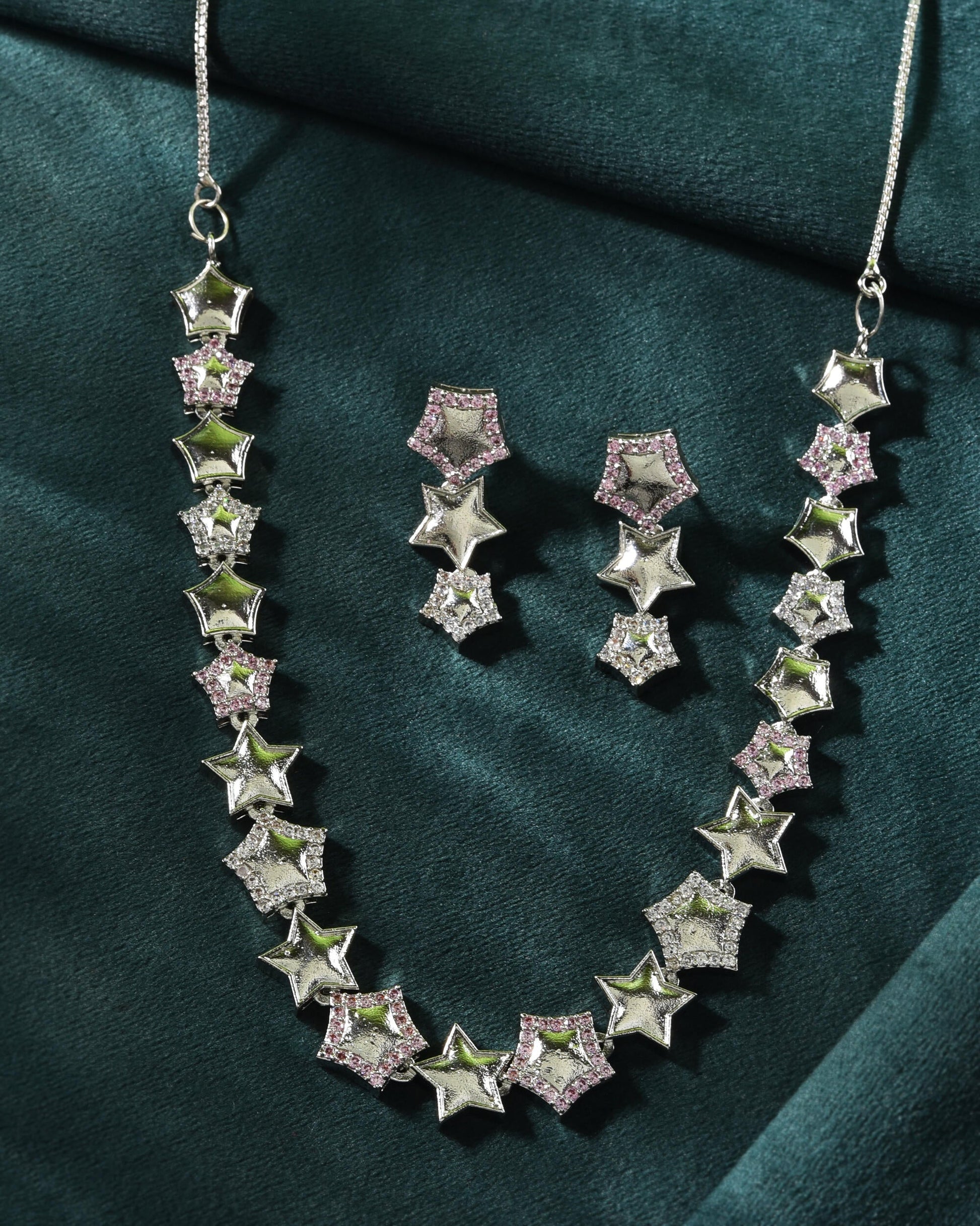 VOJ Silver Plated Star Shaped Necklace With Earrings Set VOJ (Valley Of Jewellery)