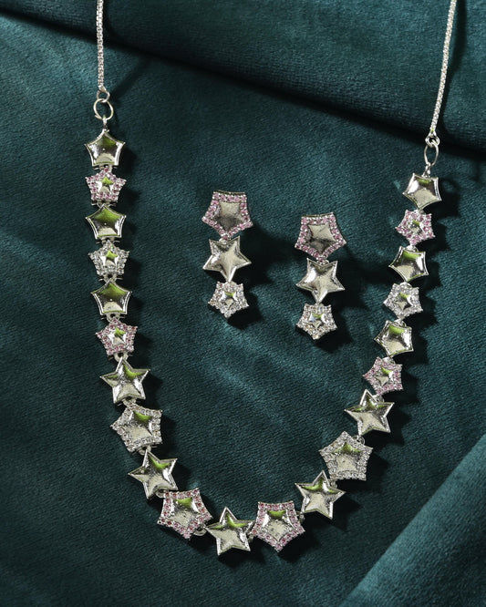 VOJ Silver Plated Star Shaped Necklace With Earrings Set VOJ (Valley Of Jewellery)