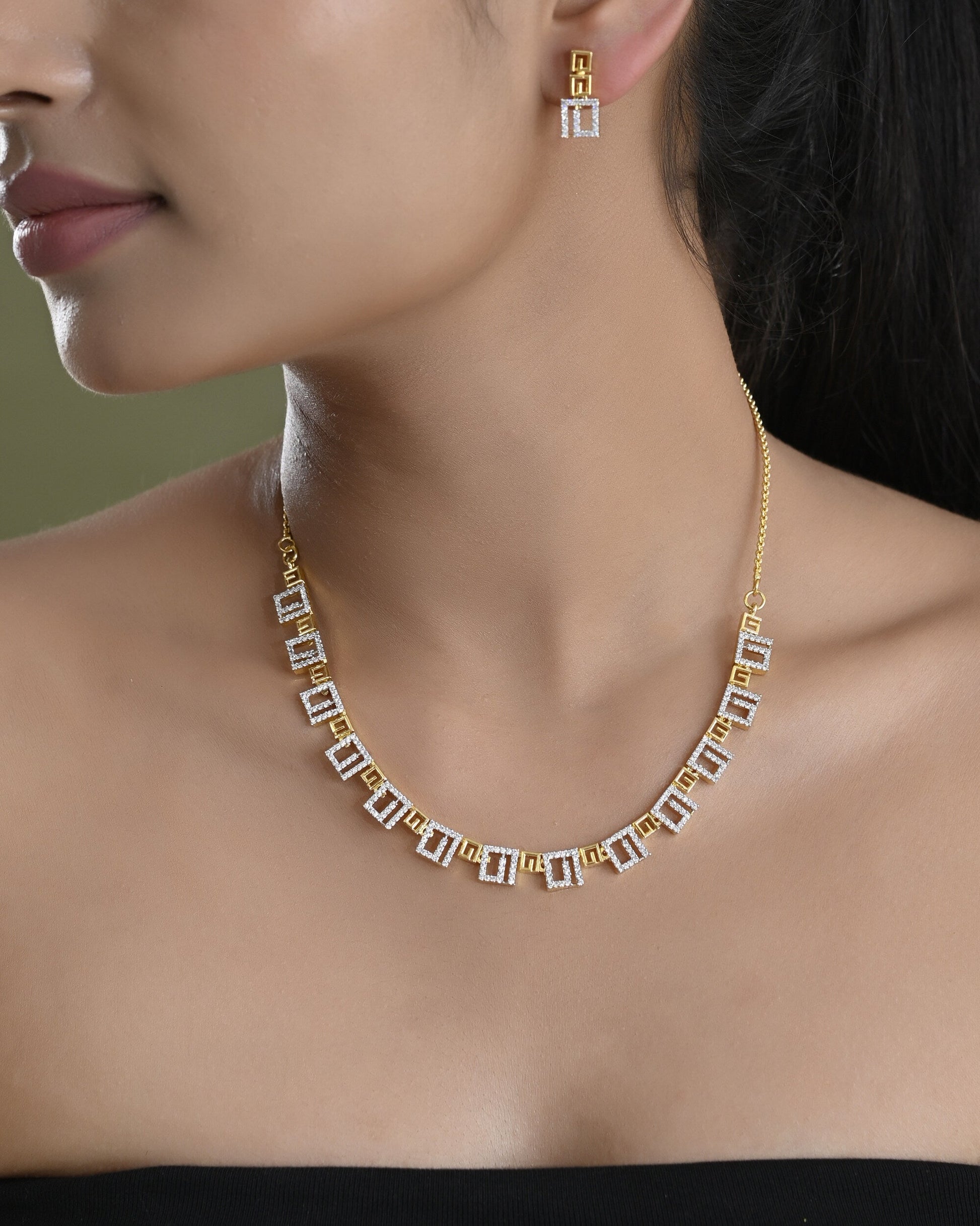 VOJ Gold-Polished Geometrical AD Jewellery Set VOJ (Valley Of Jewellery)