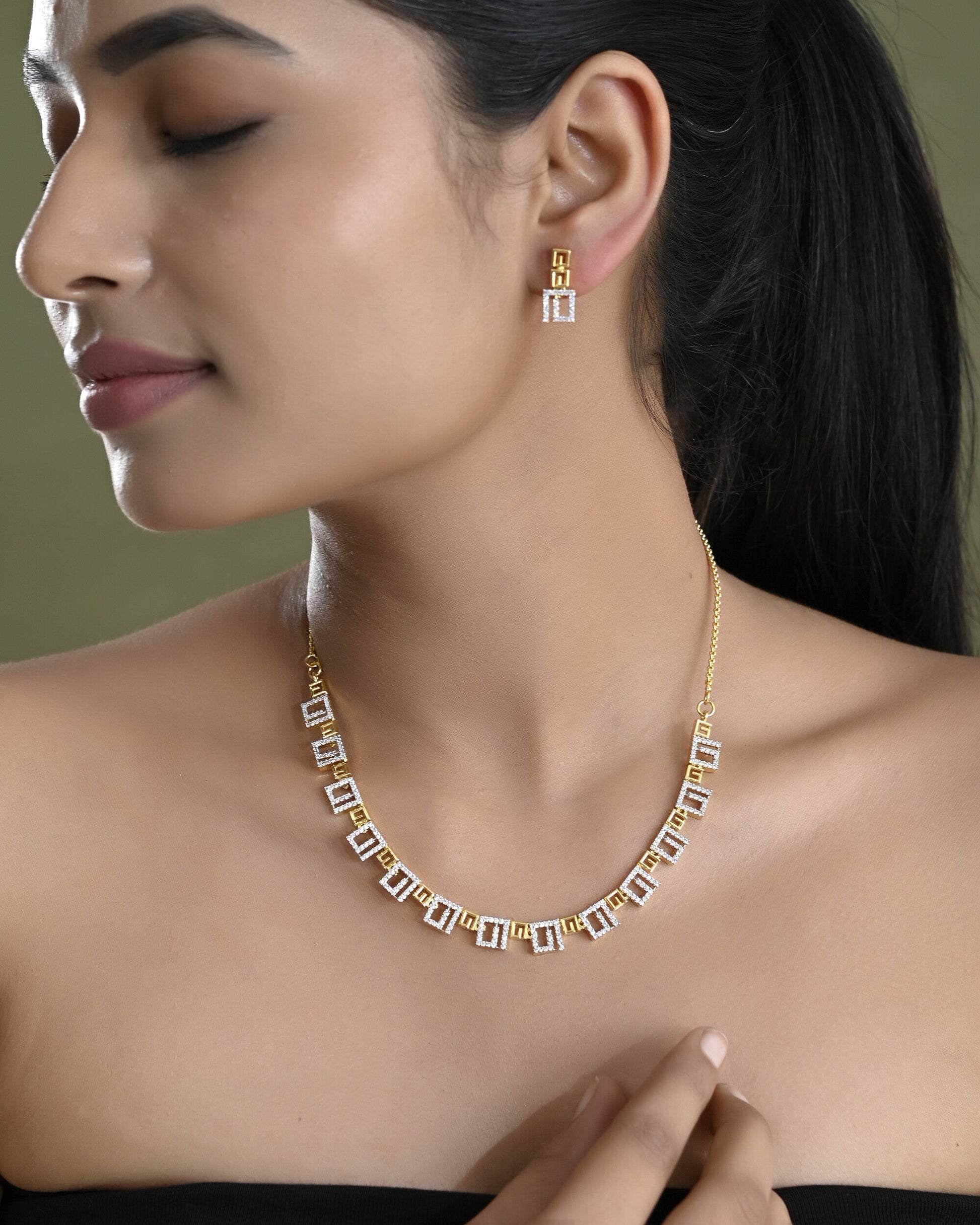 VOJ Gold-Polished Geometrical AD Jewellery Set VOJ (Valley Of Jewellery)