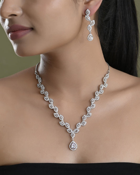 VOJ Silver Plated Tear Drop Shaped AD Necklace With Earrings Set VOJ (Valley Of Jewellery)