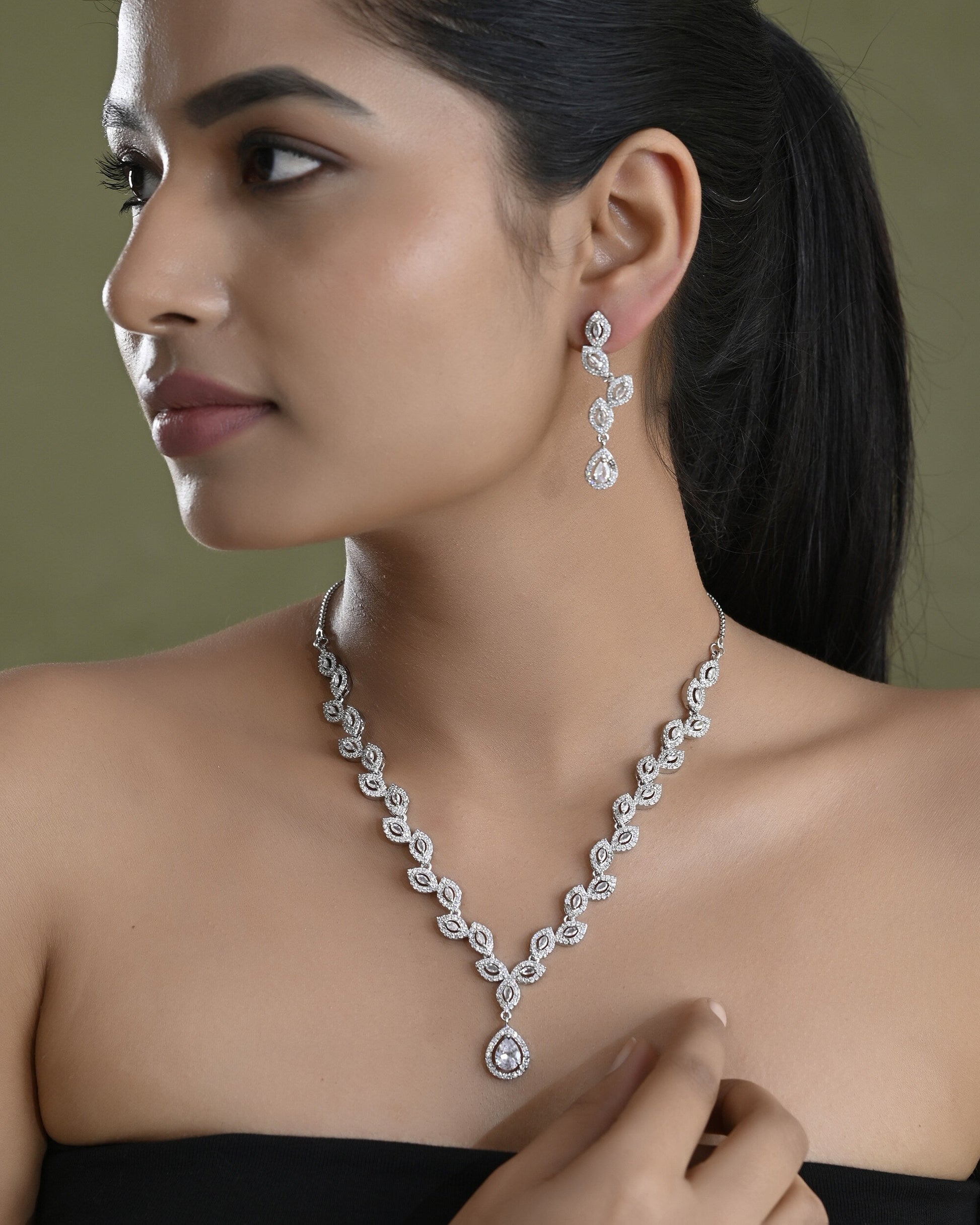VOJ Silver Plated Tear Drop Shaped AD Necklace With Earrings Set VOJ (Valley Of Jewellery)