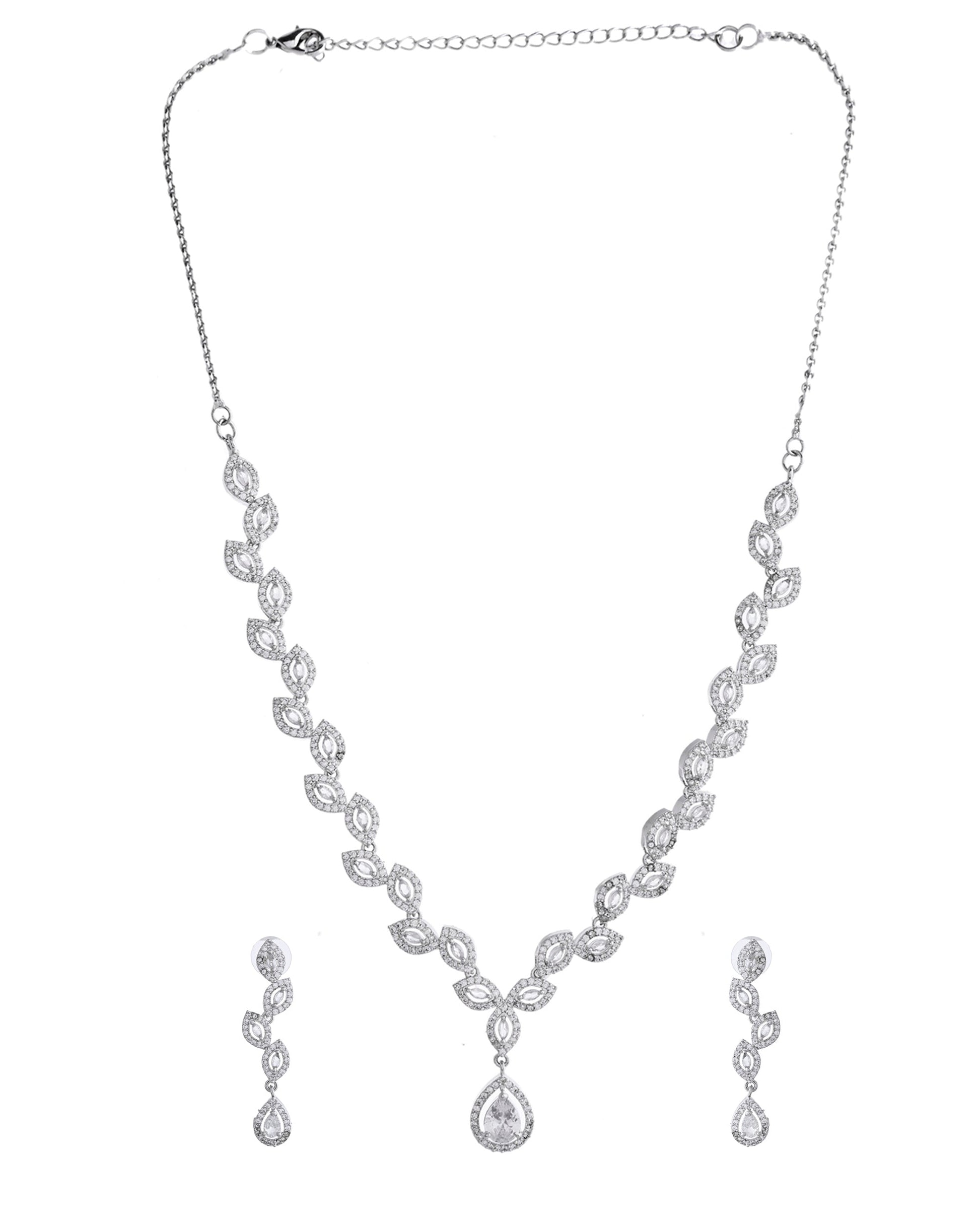 VOJ Silver Plated Tear Drop Shaped AD Necklace With Earrings Set VOJ (Valley Of Jewellery)