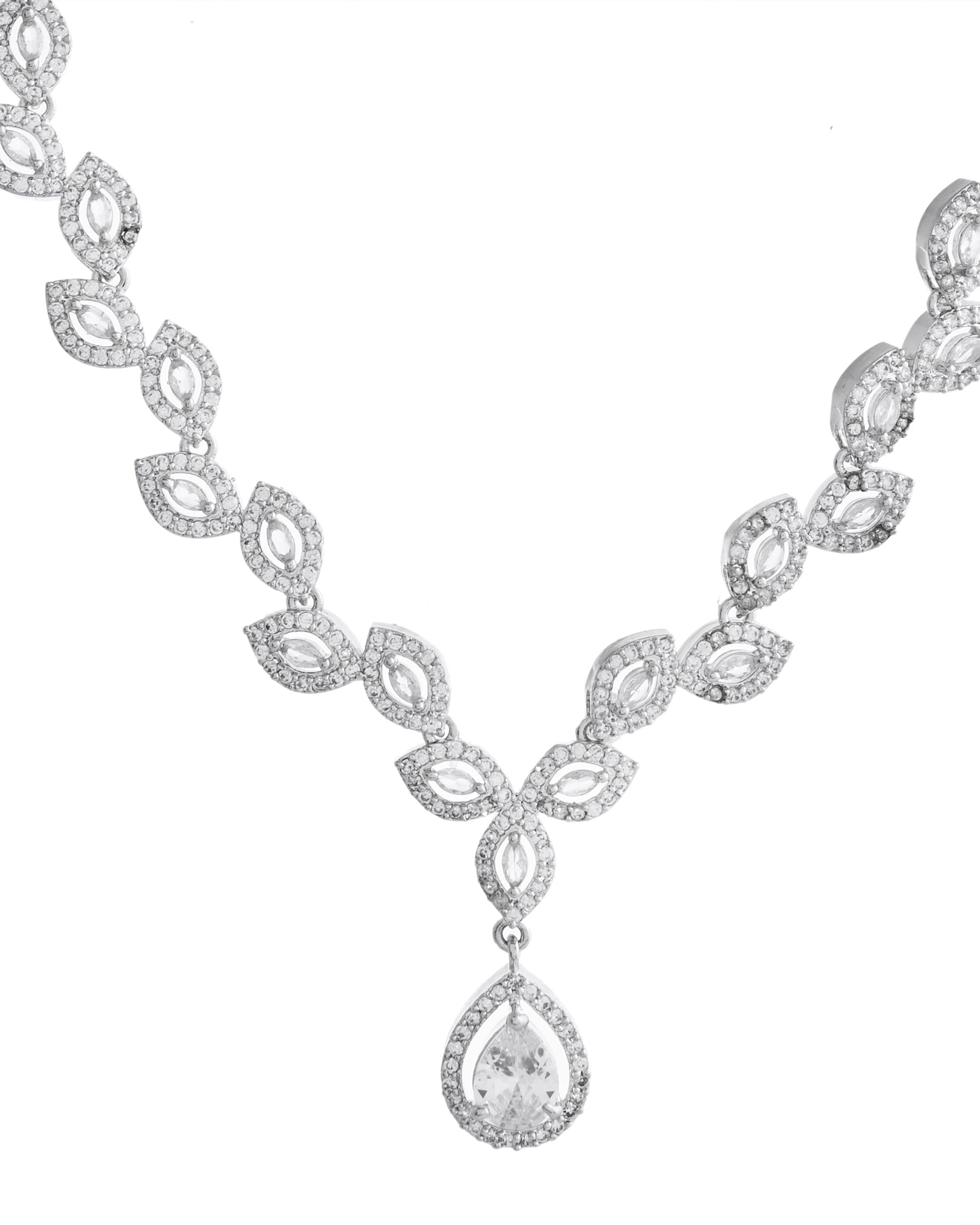 VOJ Silver Plated Tear Drop Shaped AD Necklace With Earrings Set VOJ (Valley Of Jewellery)