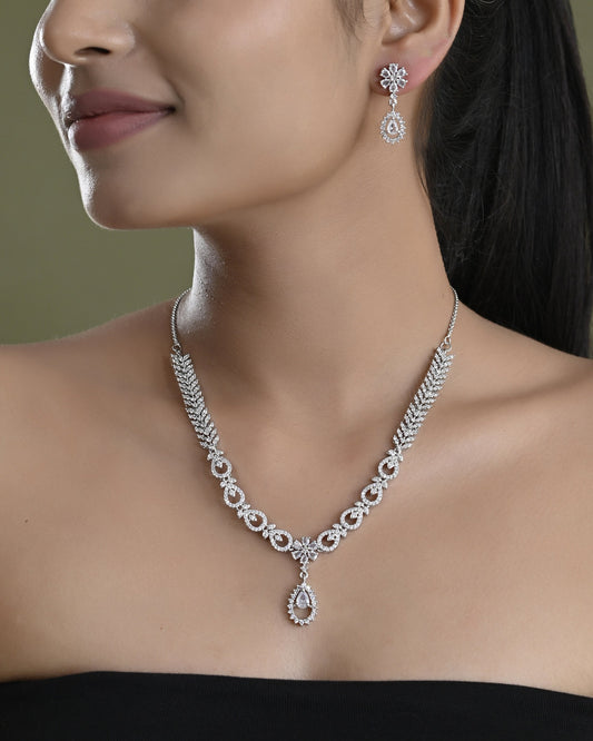 VOJ Silver Plated AD Stone Studded Necklace With Earrings Set VOJ (Valley Of Jewellery)