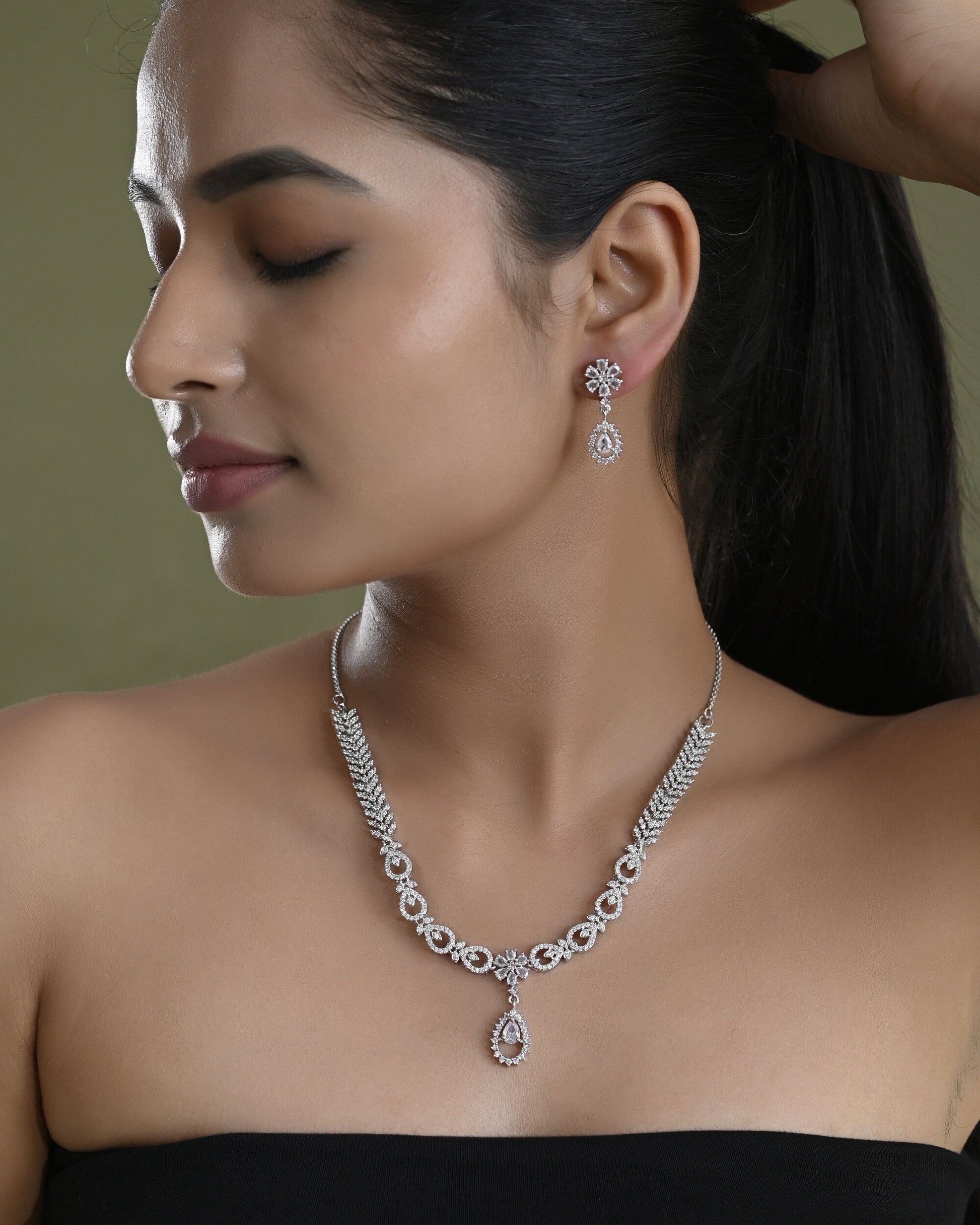 VOJ Silver Plated AD Stone Studded Necklace With Earrings Set VOJ (Valley Of Jewellery)