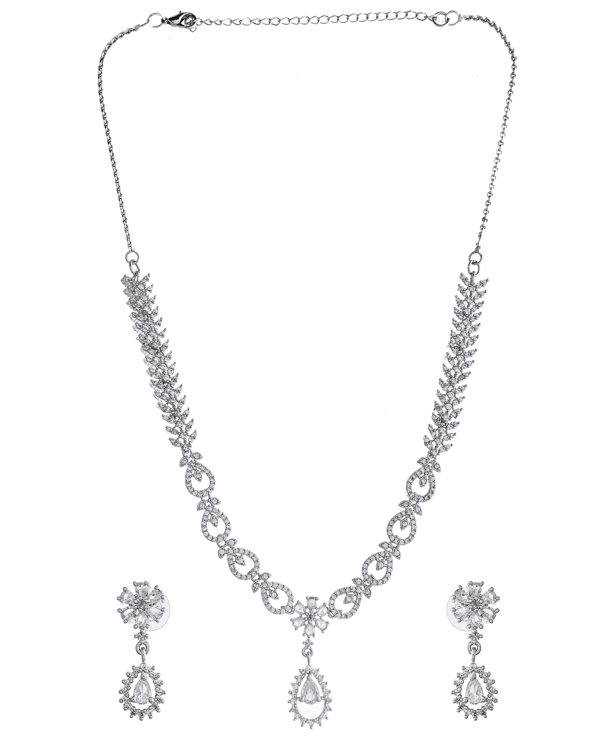VOJ Silver Plated AD Stone Studded Necklace With Earrings Set VOJ (Valley Of Jewellery)