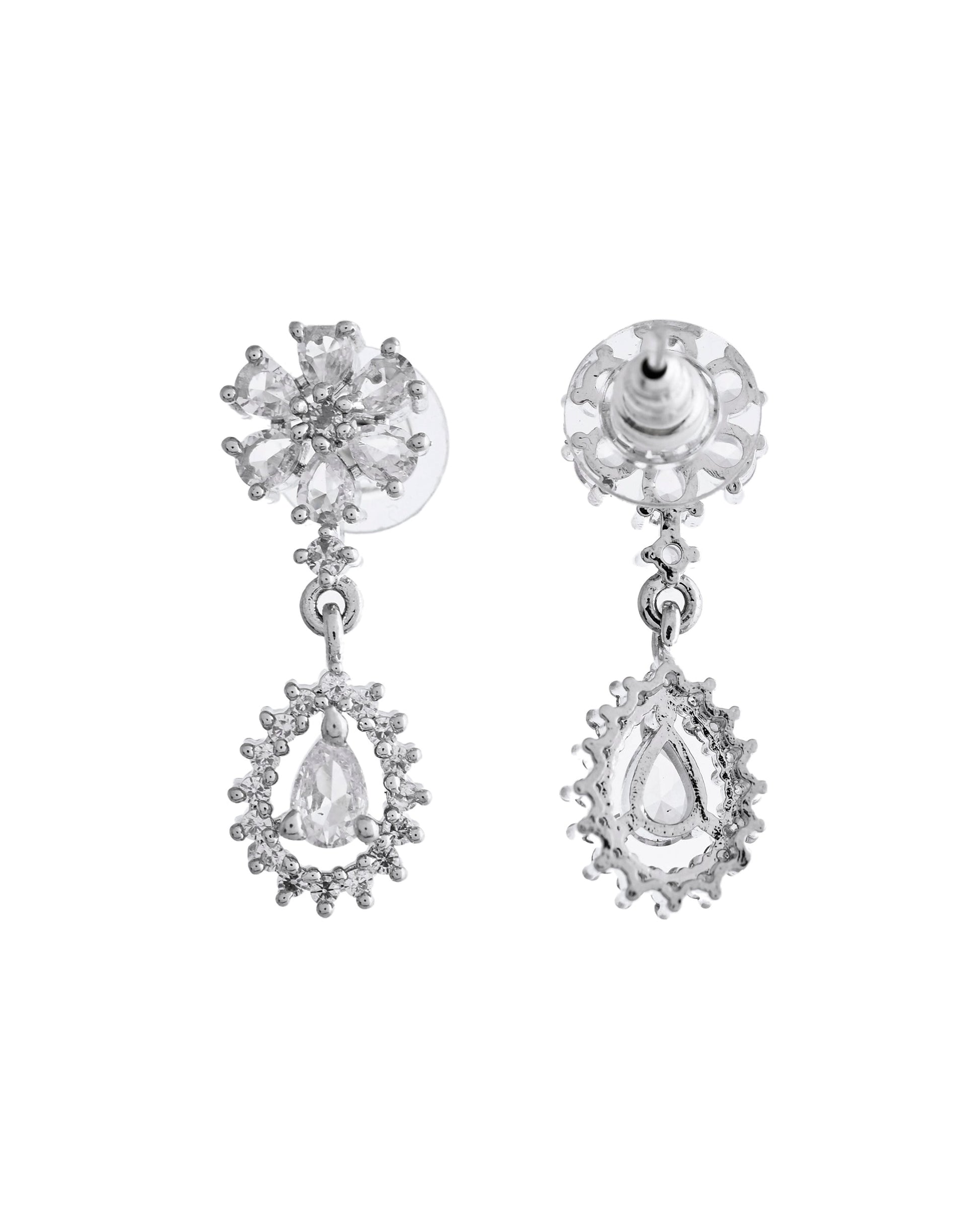 VOJ Silver Plated AD Stone Studded Necklace With Earrings Set VOJ (Valley Of Jewellery)