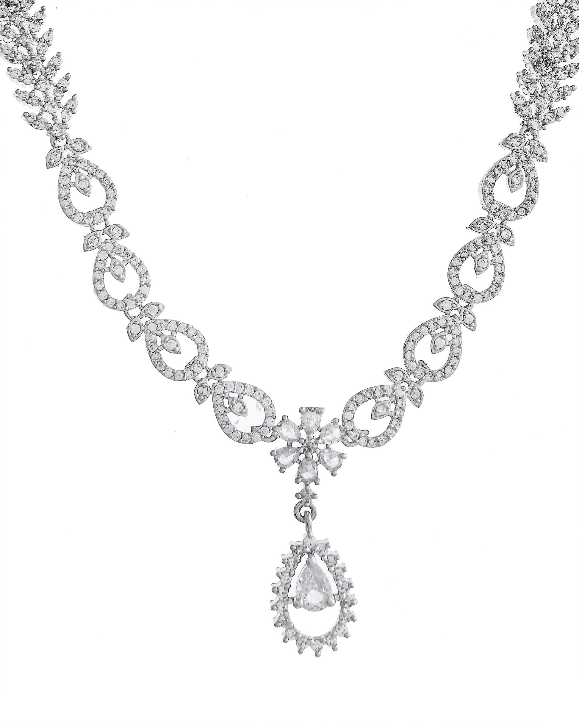 VOJ Silver Plated AD Stone Studded Necklace With Earrings Set - Swadesiicart