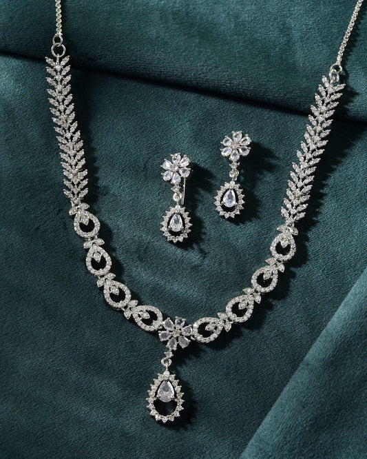 VOJ Silver Plated AD Stone Studded Necklace With Earrings Set VOJ (Valley Of Jewellery)