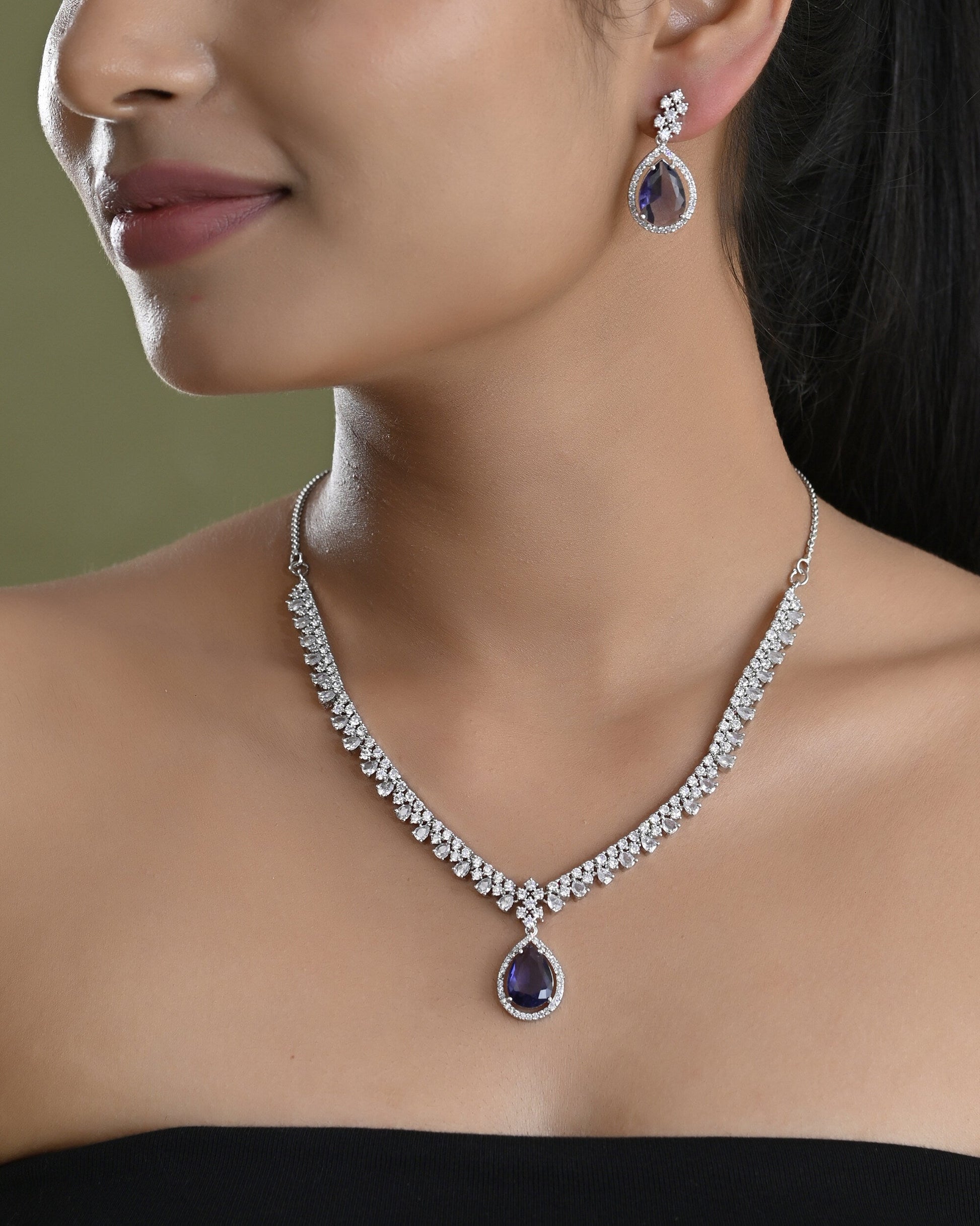 VOJ Silver Plated Purple Stone Studded AD Jewellery Set VOJ (Valley Of Jewellery)