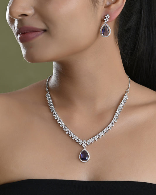 VOJ Silver Plated Purple Stone Studded AD Jewellery Set VOJ (Valley Of Jewellery)