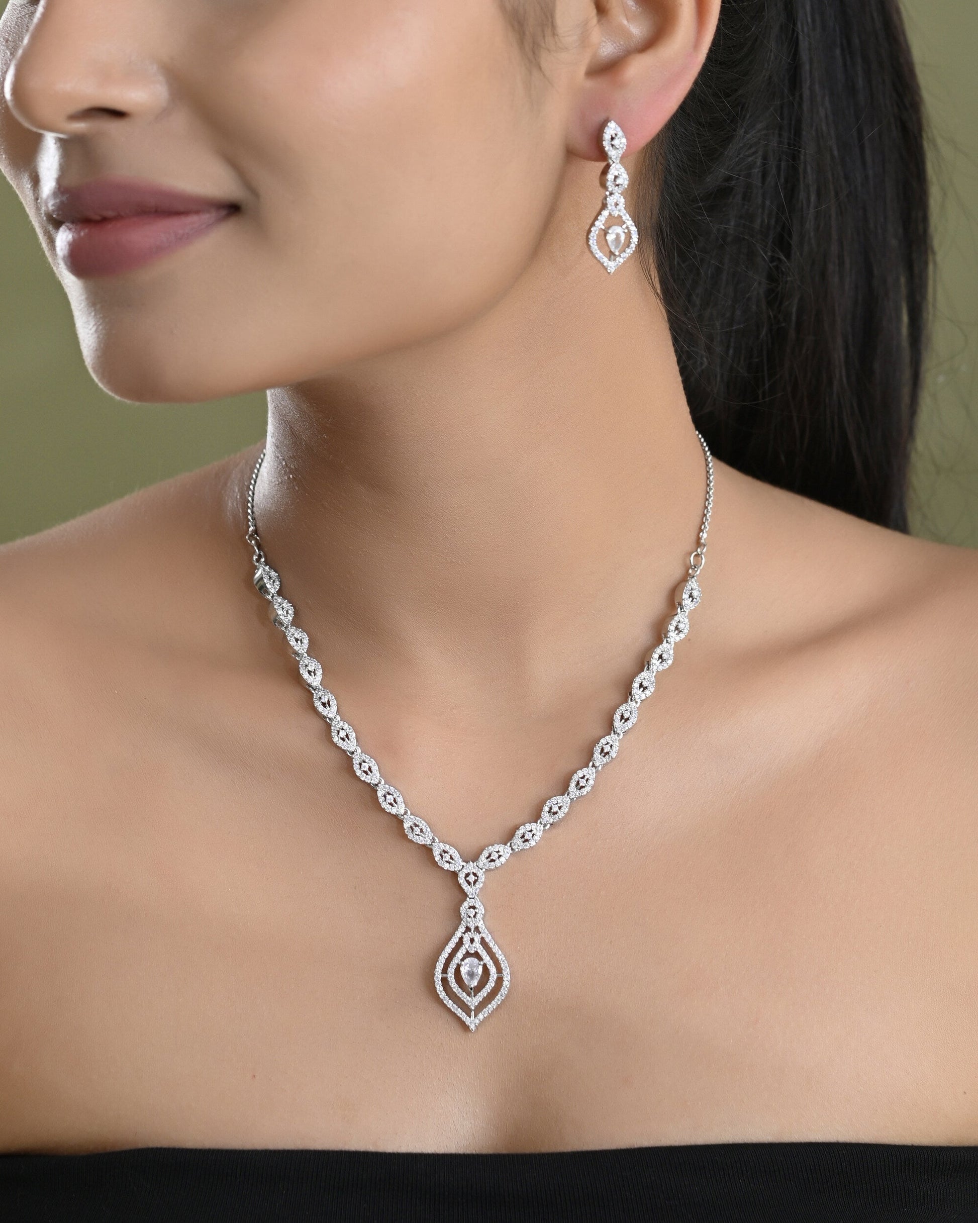 VOJ Silver Plated Tear Drop Shaped AD Necklace With Earrings Set  Grab2Buy VOJ Grab2Buy