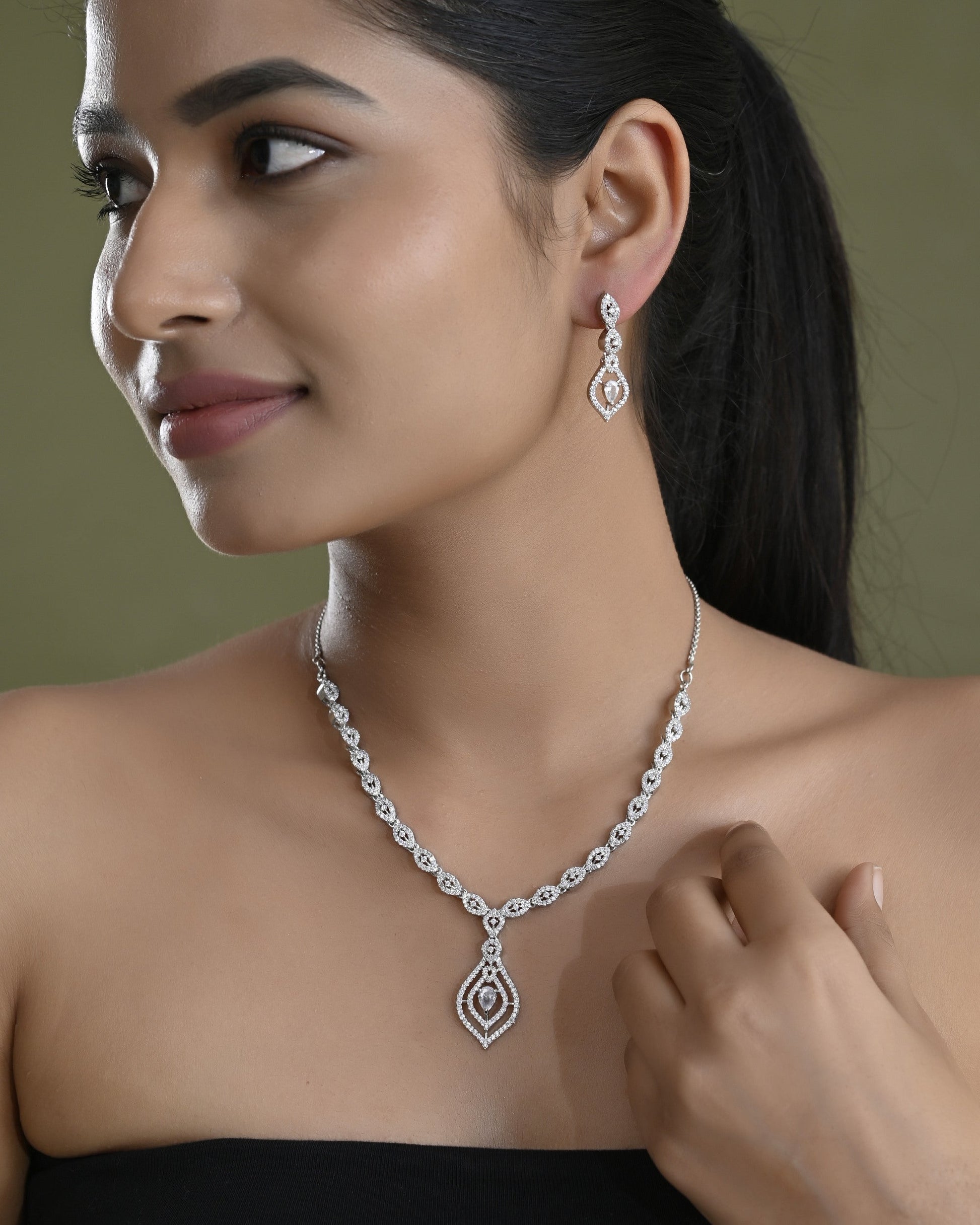 VOJ Silver Plated Tear Drop Shaped AD Necklace With Earrings Set  Grab2Buy VOJ Grab2Buy