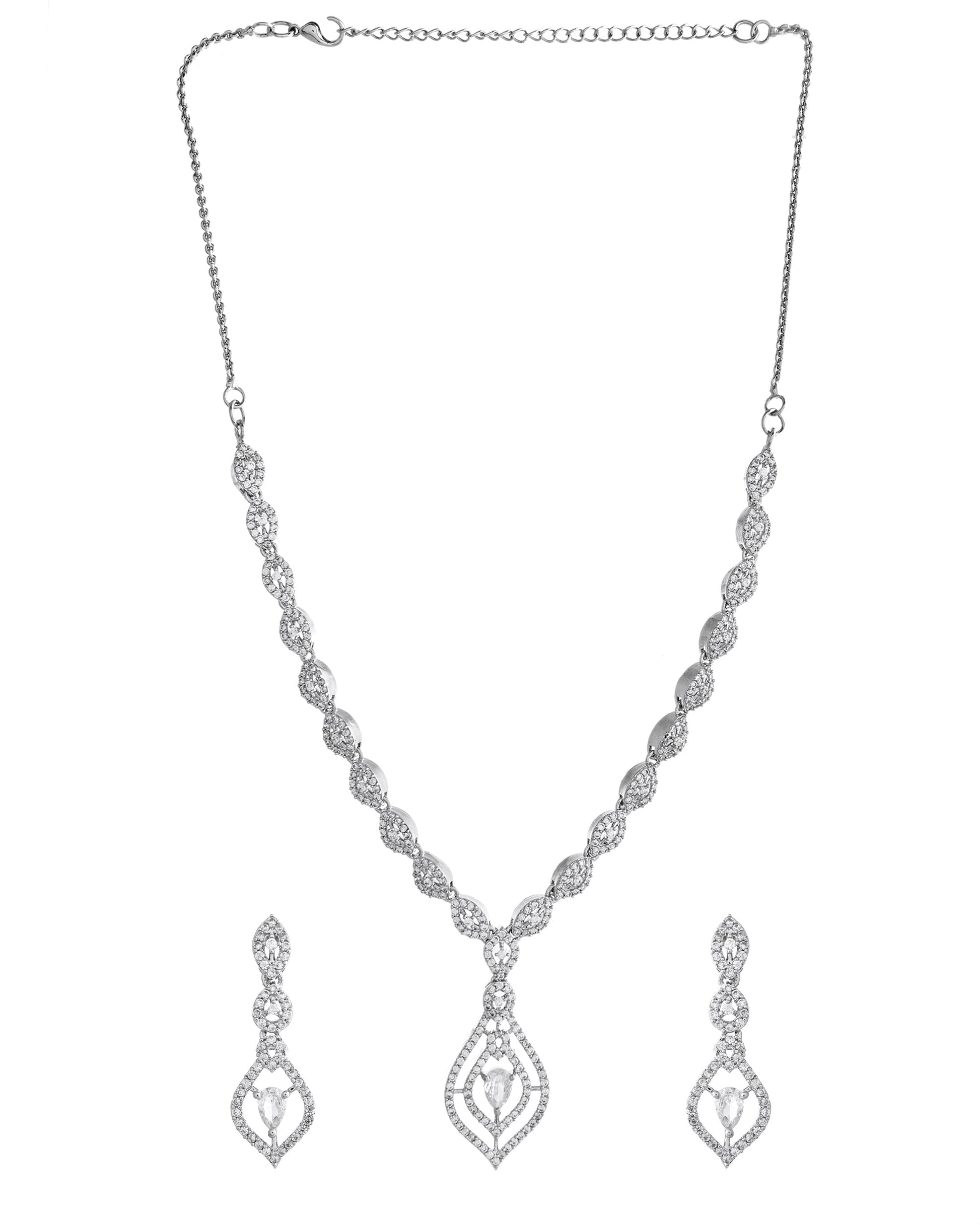 VOJ Silver Plated Tear Drop Shaped AD Necklace With Earrings Set  Grab2Buy VOJ Grab2Buy