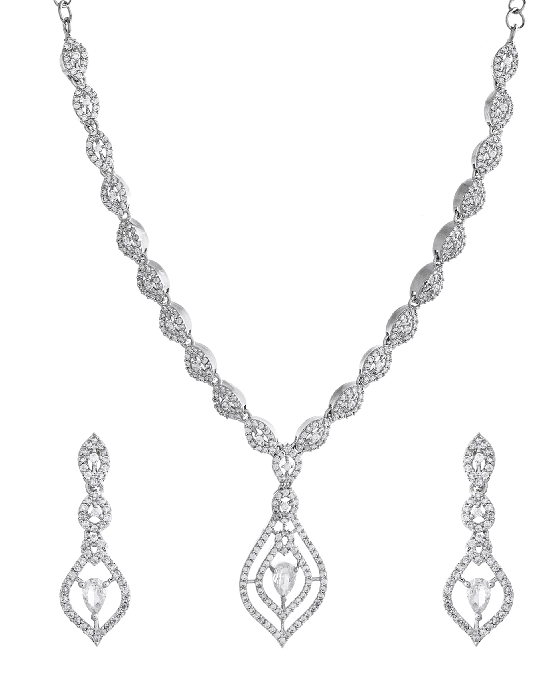 VOJ Silver Plated Tear Drop Shaped AD Necklace With Earrings Set  Grab2Buy VOJ Grab2Buy