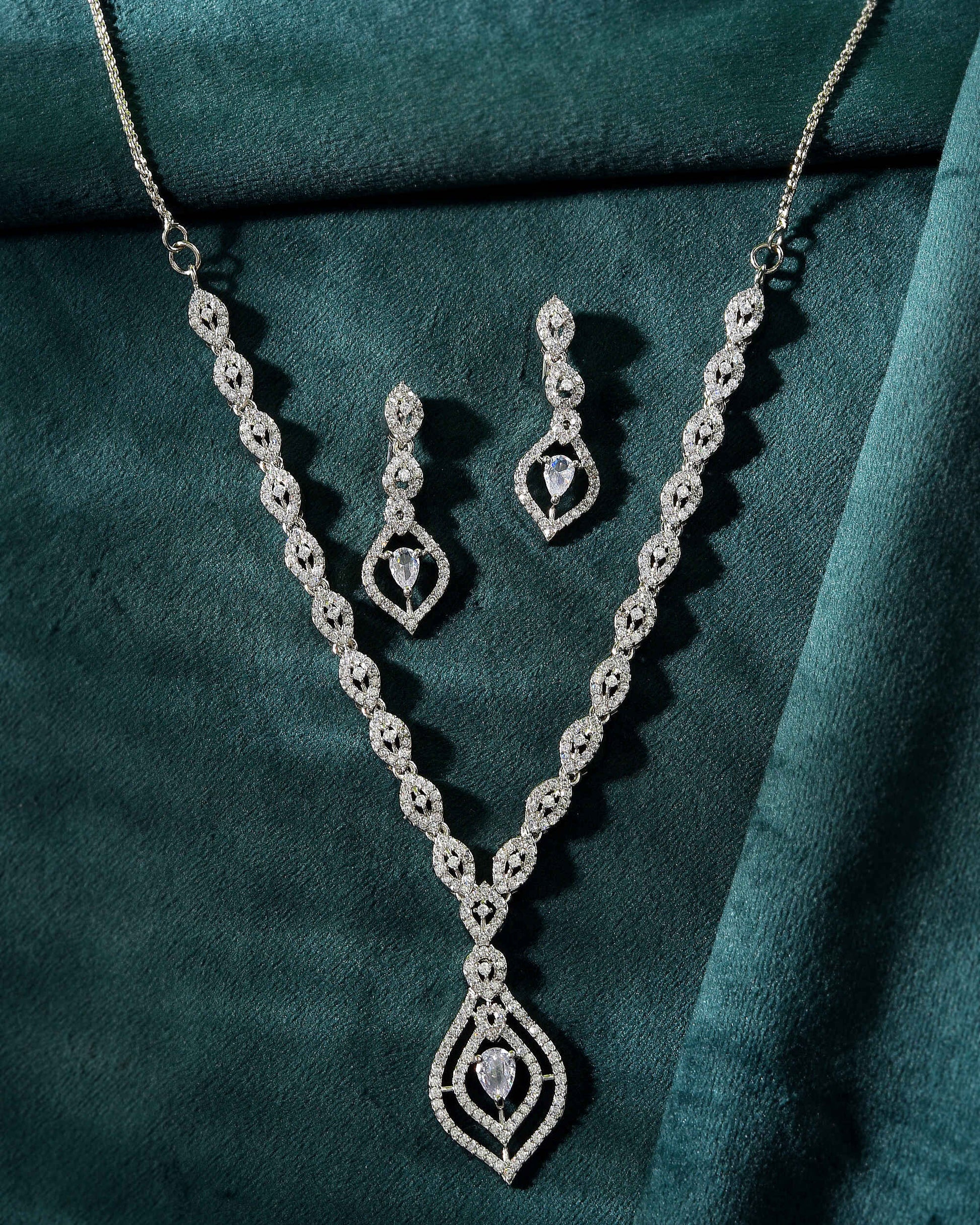 VOJ Silver Plated Tear Drop Shaped AD Necklace With Earrings Set  Grab2Buy VOJ Grab2Buy