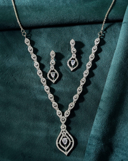 VOJ Silver Plated Tear Drop Shaped AD Necklace With Earrings Set  Grab2Buy VOJ Grab2Buy
