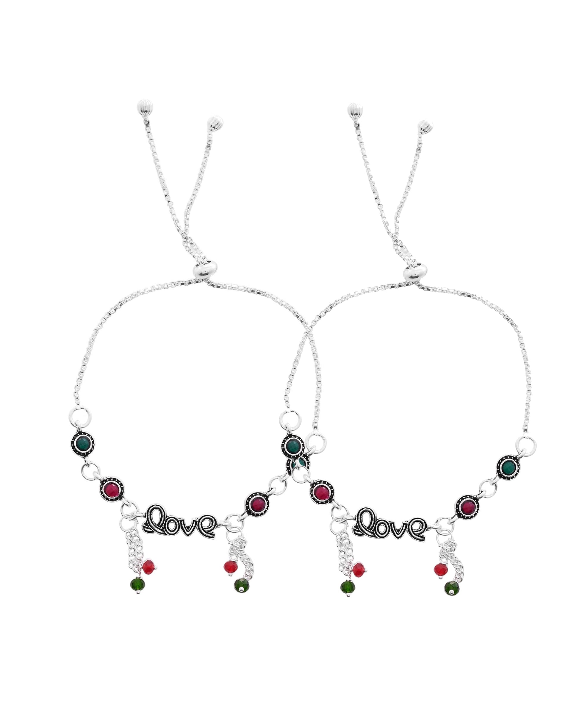 VOJ Set of 2 Silver Plated Love Meenakari Anklet 