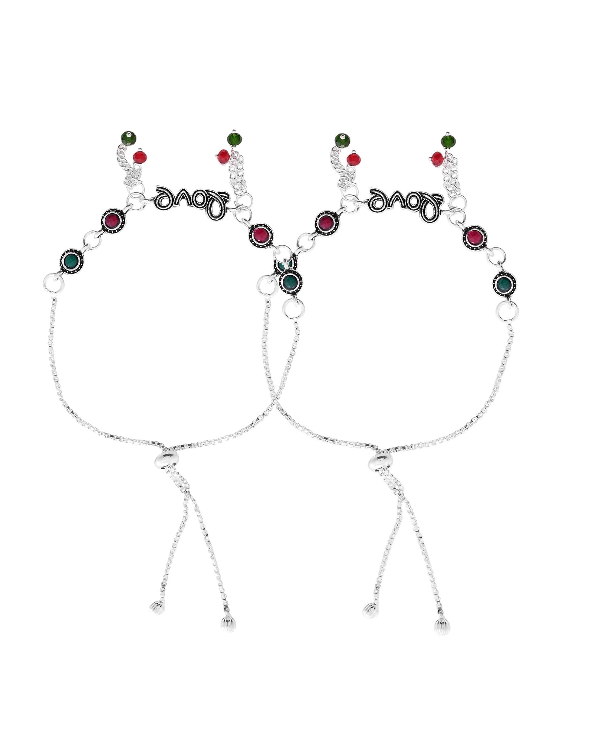 VOJ Set of 2 Silver Plated Love Meenakari Anklet 