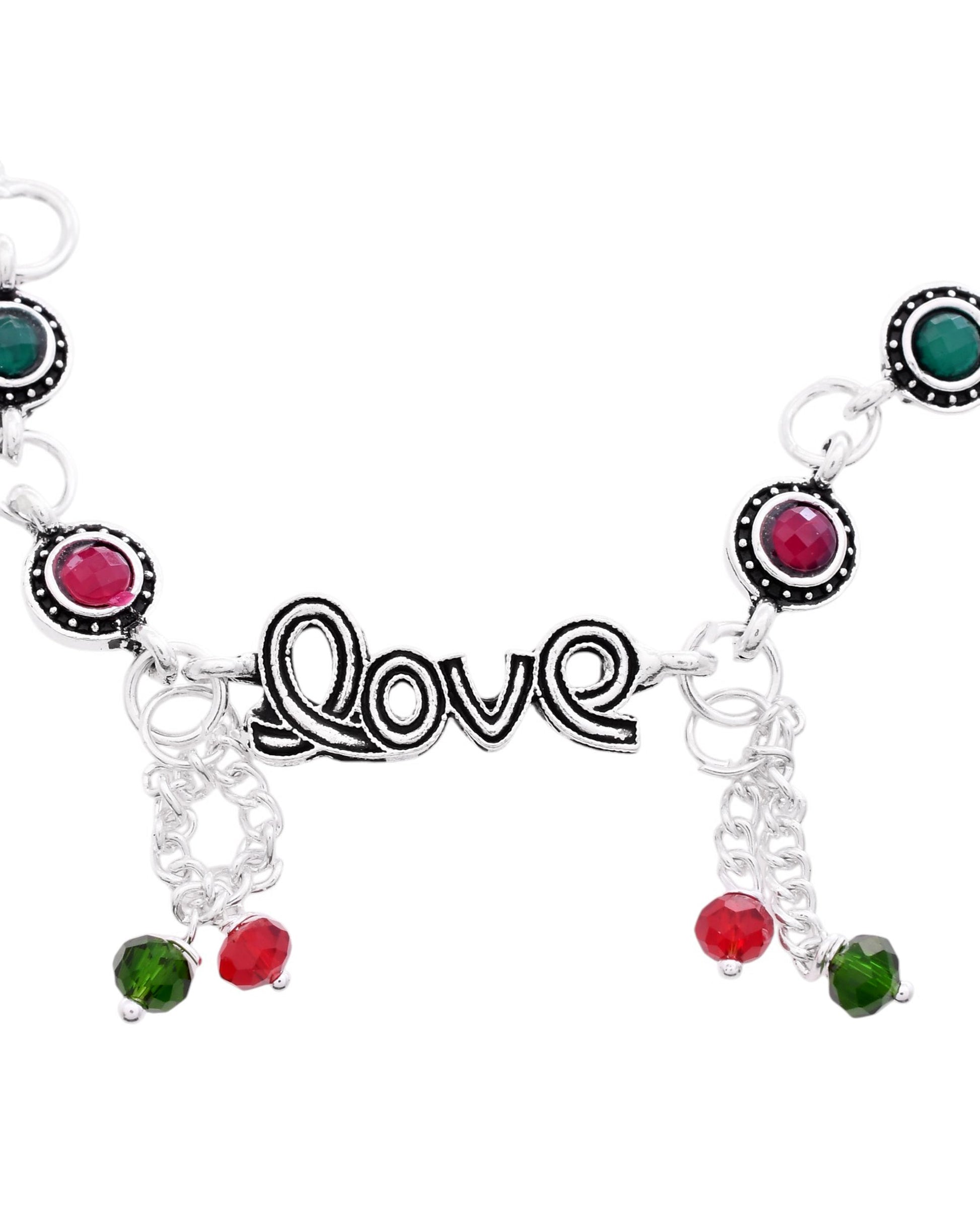 VOJ Set of 2 Silver Plated Love Meenakari Anklet 