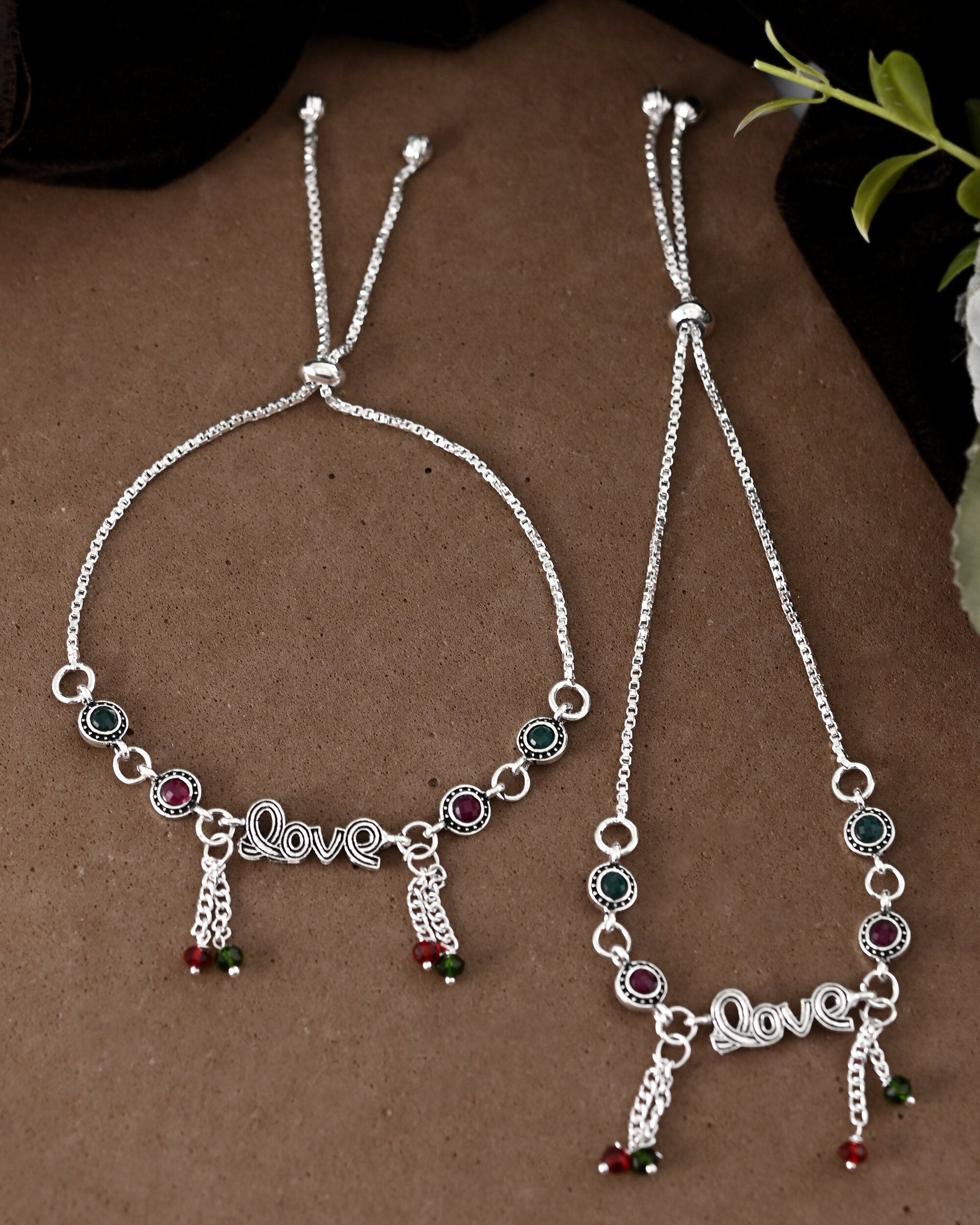 VOJ Set of 2 Silver Plated Love Meenakari Anklet 