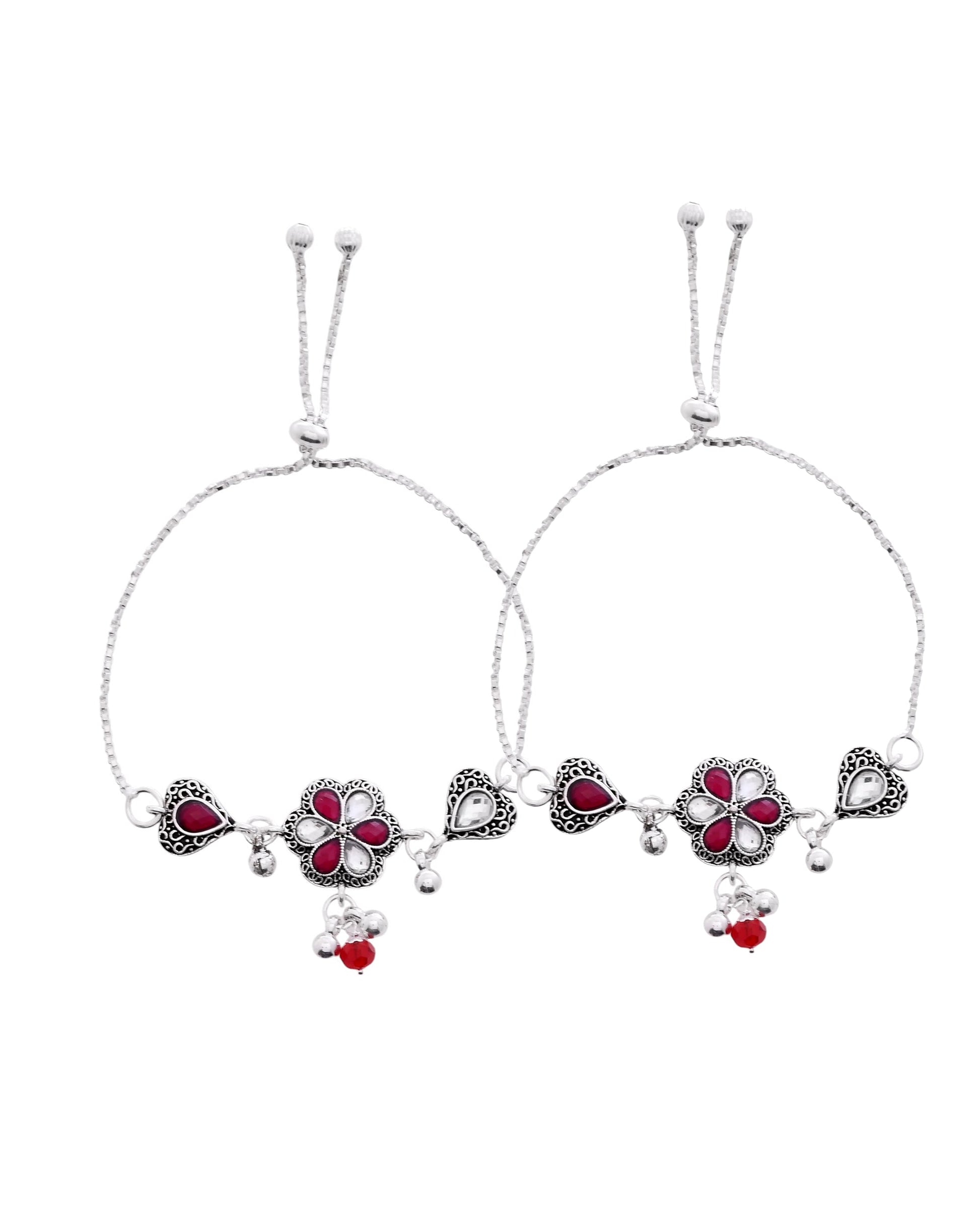 VOJ Set of 2 Silver Plated Floral Meenakari Anklet 