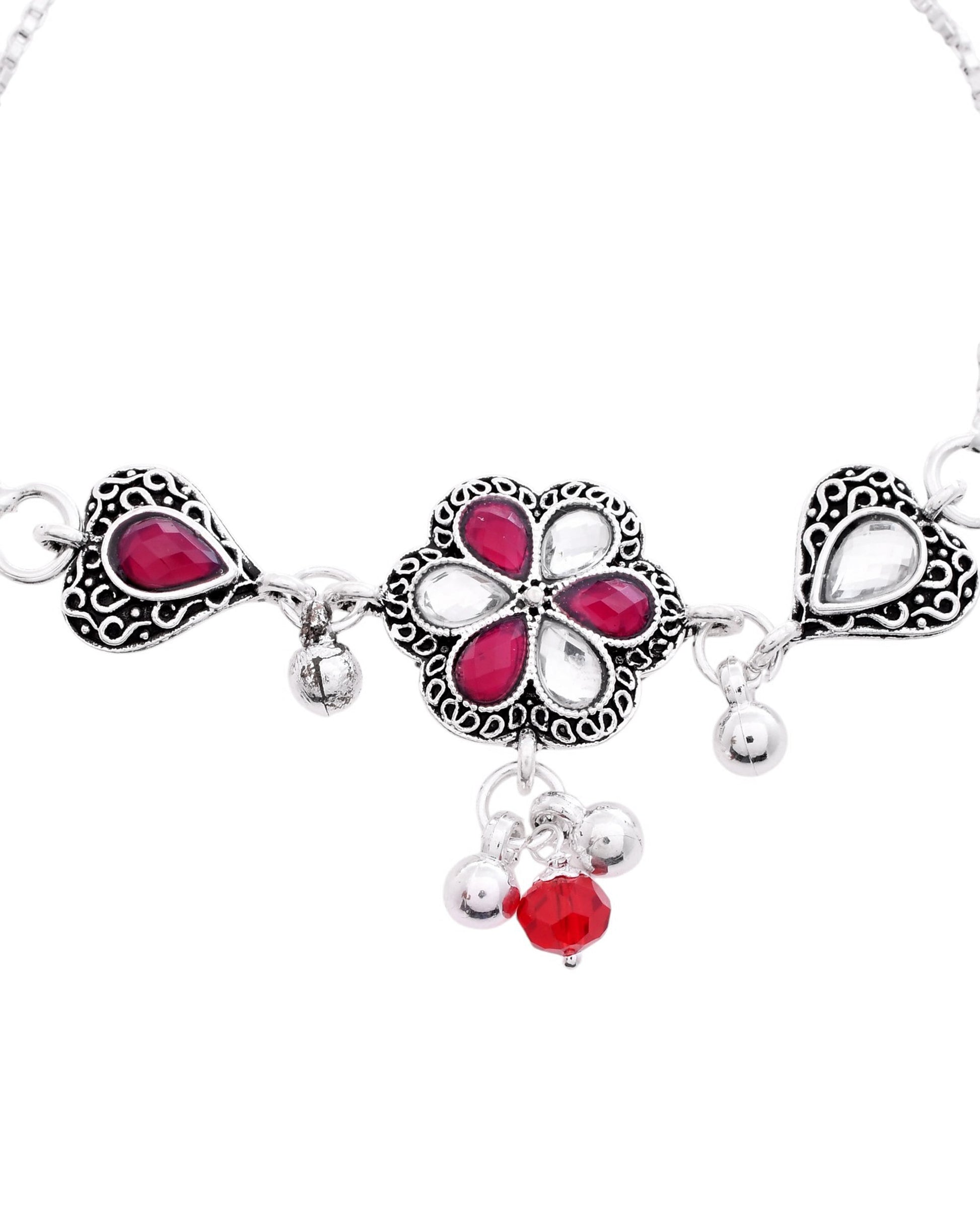 VOJ Set of 2 Silver Plated Floral Meenakari Anklet 