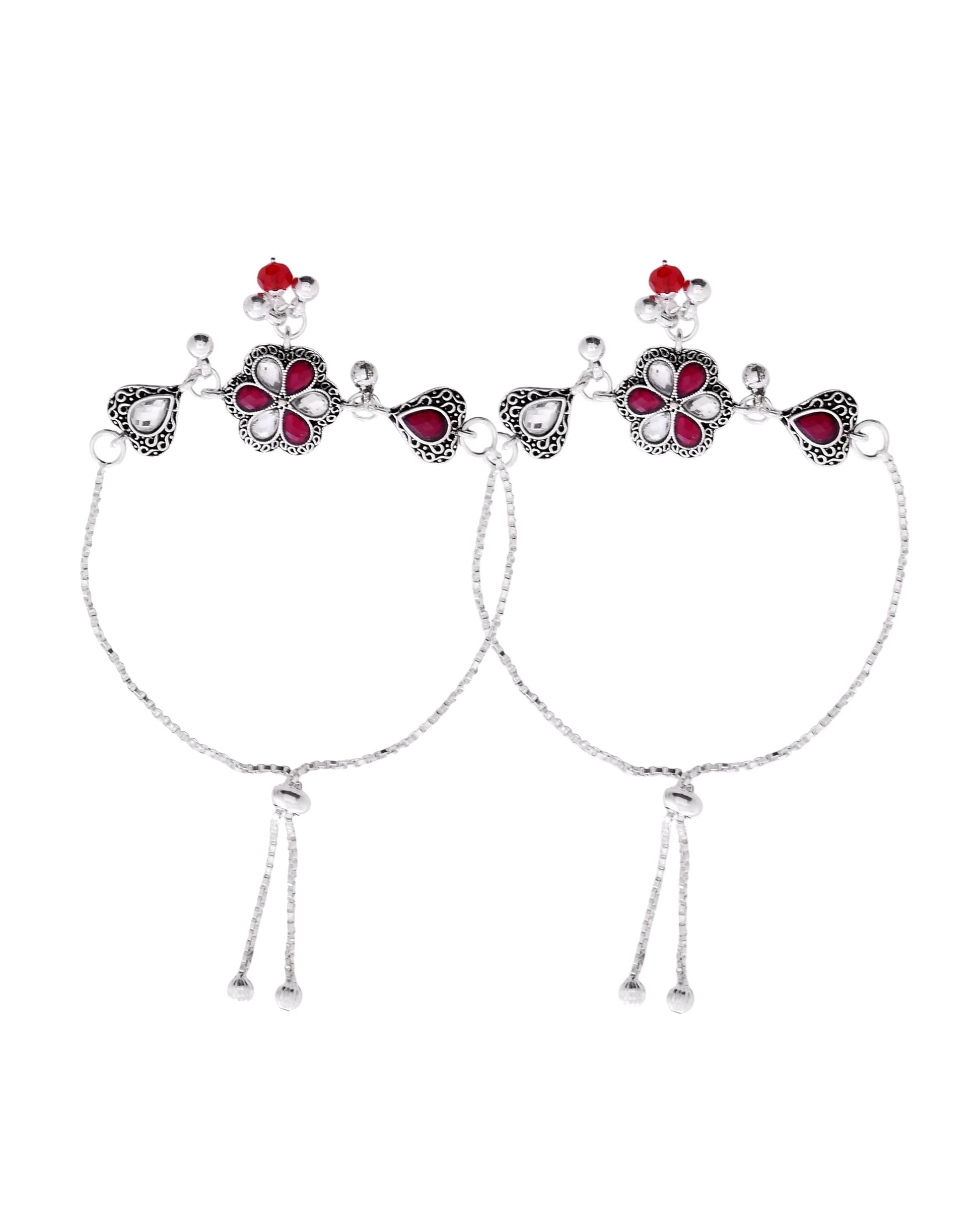VOJ Set of 2 Silver Plated Floral Meenakari Anklet 