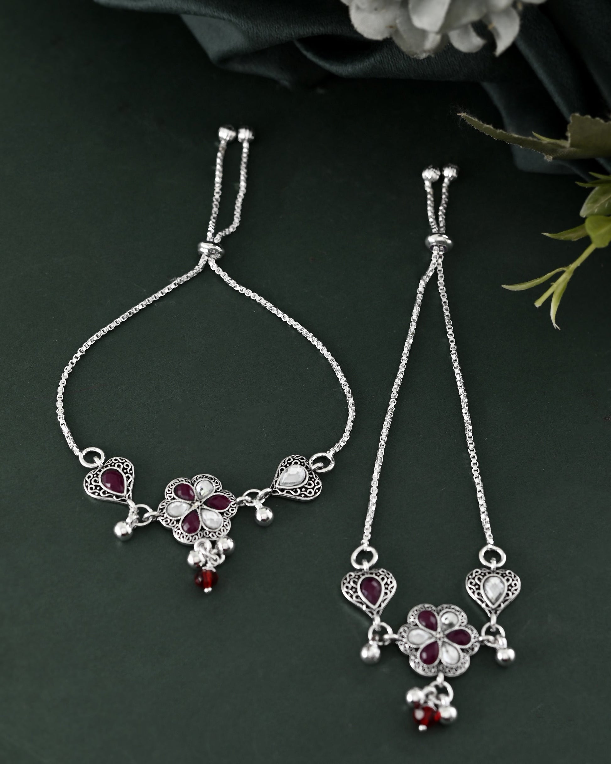 VOJ Set of 2 Silver Plated Floral Meenakari Anklet 